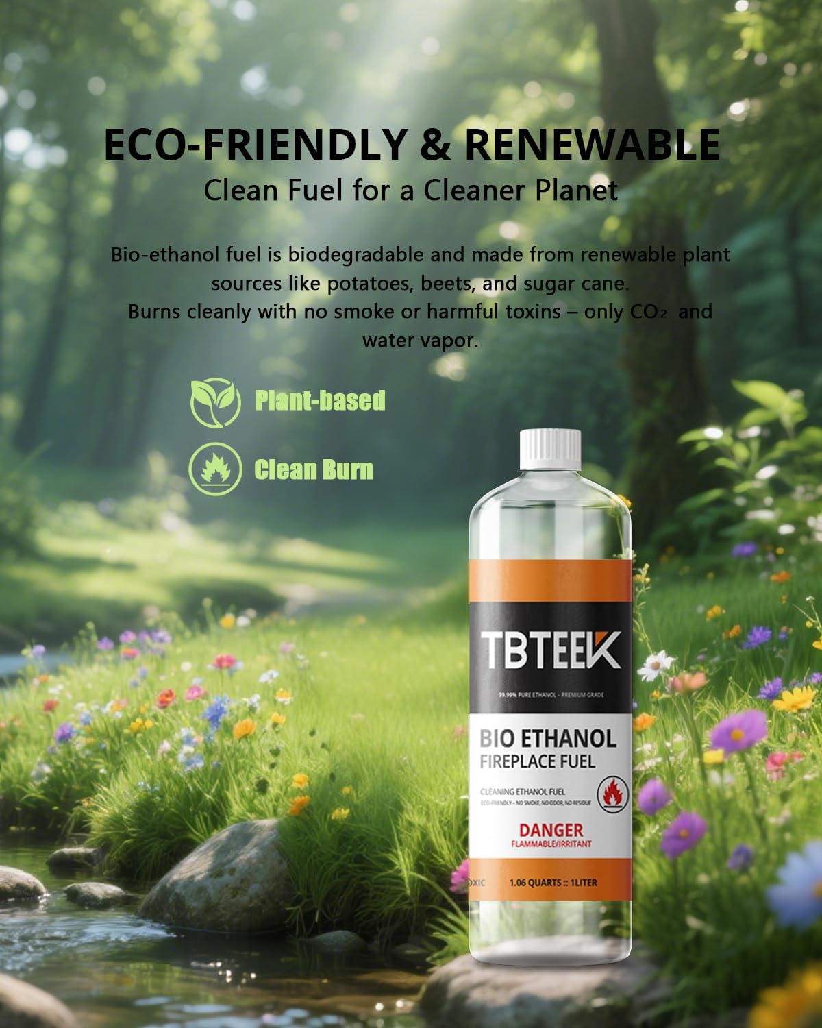 TBTeek Bioethanol Fuel - Clean Burning, Smokeless Bio Ethanol Fuel for Indoor & Outdoor, Renewable Fire Fuel, 9 x 1 Liter