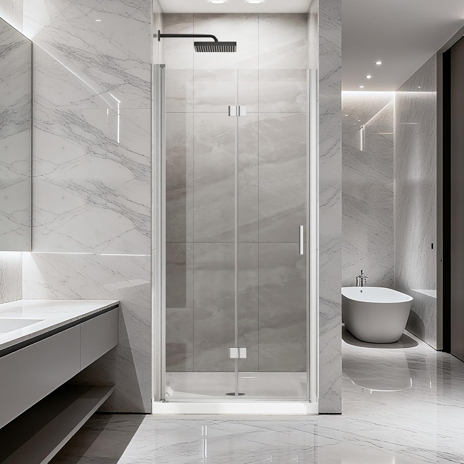 34x72 Inch Frameless Folding Glass Shower Door - 1/4 Inch Tempered Glass Folding Shower Panel with Black Border (Black-5, 34 * 72