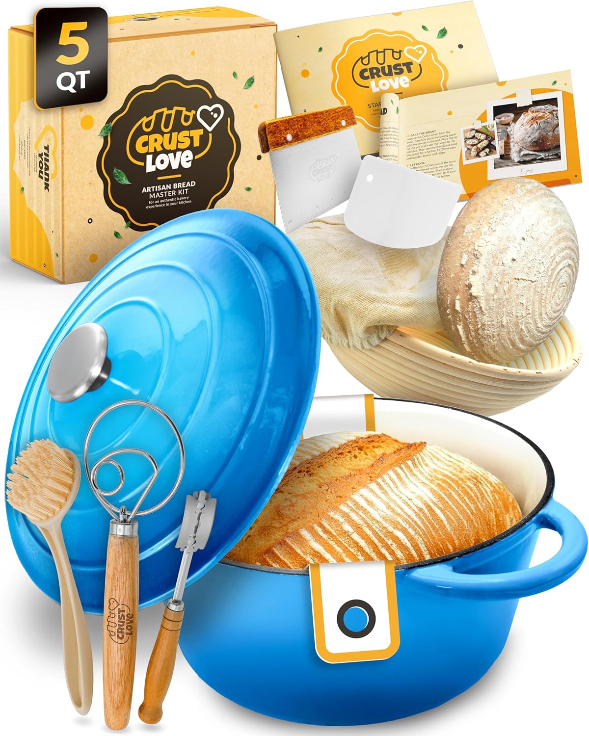 Dutch Oven for Bread Baking - incl. Sourdough Bread-Baking Supplies like Banneton Bread-Proofing Basket - 5QT Enameled Cast Iron Bread-Oven with Lid, Baking Pan, Scoring Tool Lame