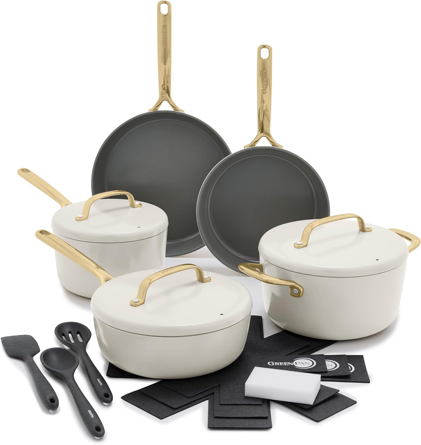 GreenPan GP5 14 Piece Cookware Pots and Pans Set, Hard Anodized Healthy Ceramic Nonstick PFAS-Free, Champagne Handles, Heavy Gauge, Stay-Flat Surface, Induction, Dishwasher and Oven Safe, Cream