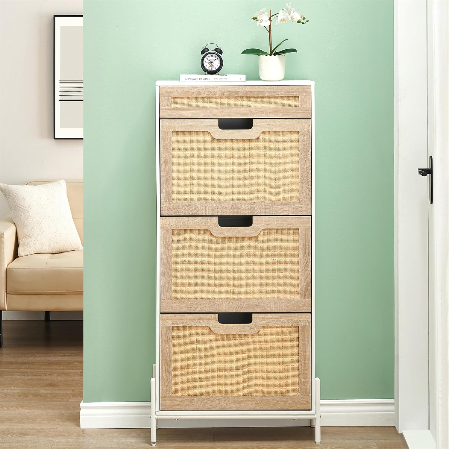 GAOMON Natural Rattan 3 Flip Door with 1 Drawer Shoe Rack Storage Cabinet, Shoe Cabinet Organizer Freestanding with 3-Tier Adjustable Shelves for Entryway, Entrance Hallway (3 Flip Doors, White)