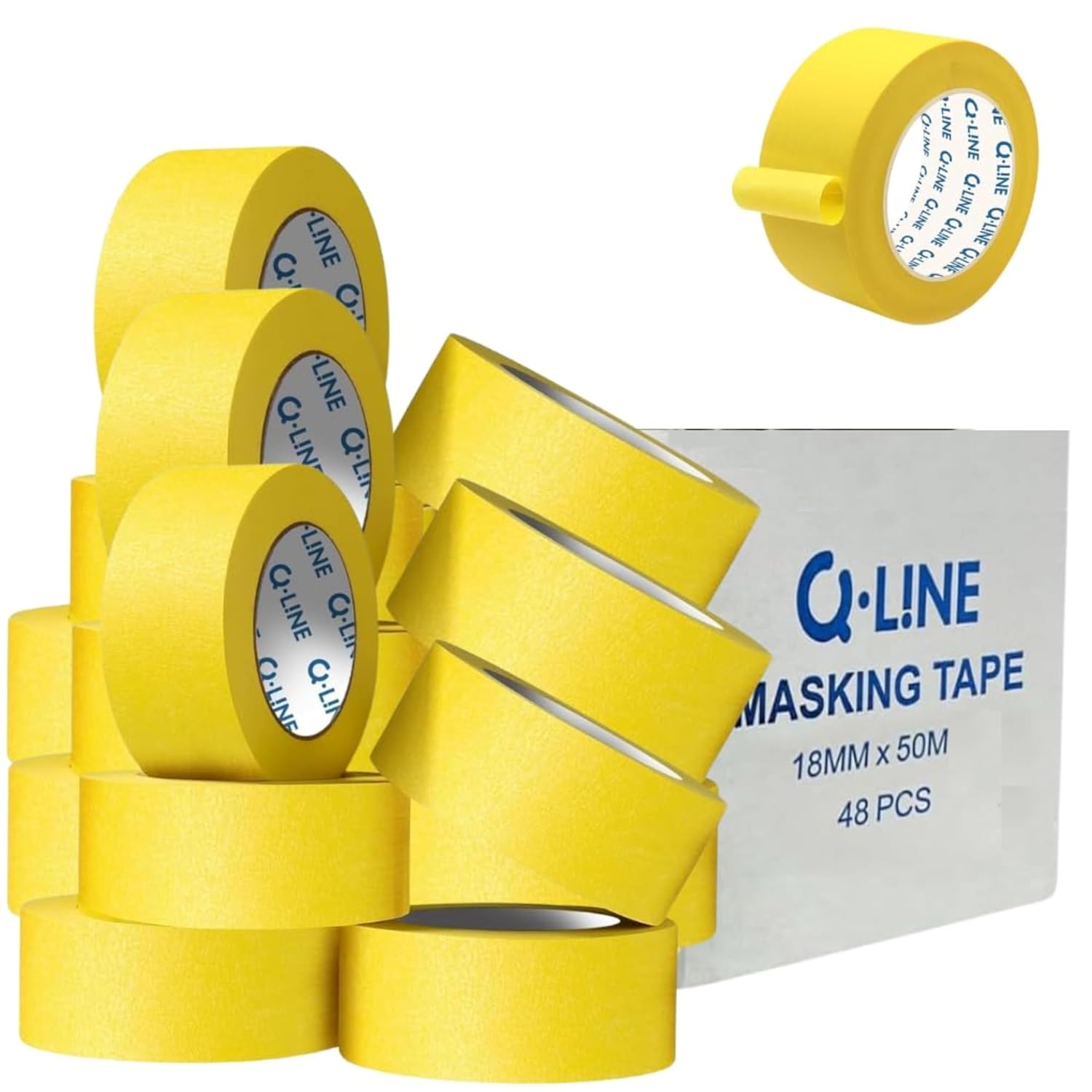 Automotive Refinish Masking Tape, 18mm x 50m (3/4 inch) – Yellow, High-Performance Tape for Precise Auto Painting, Detailing, Water Resistant and Multi-Purpose, Bulk Pack (48 Rolls)