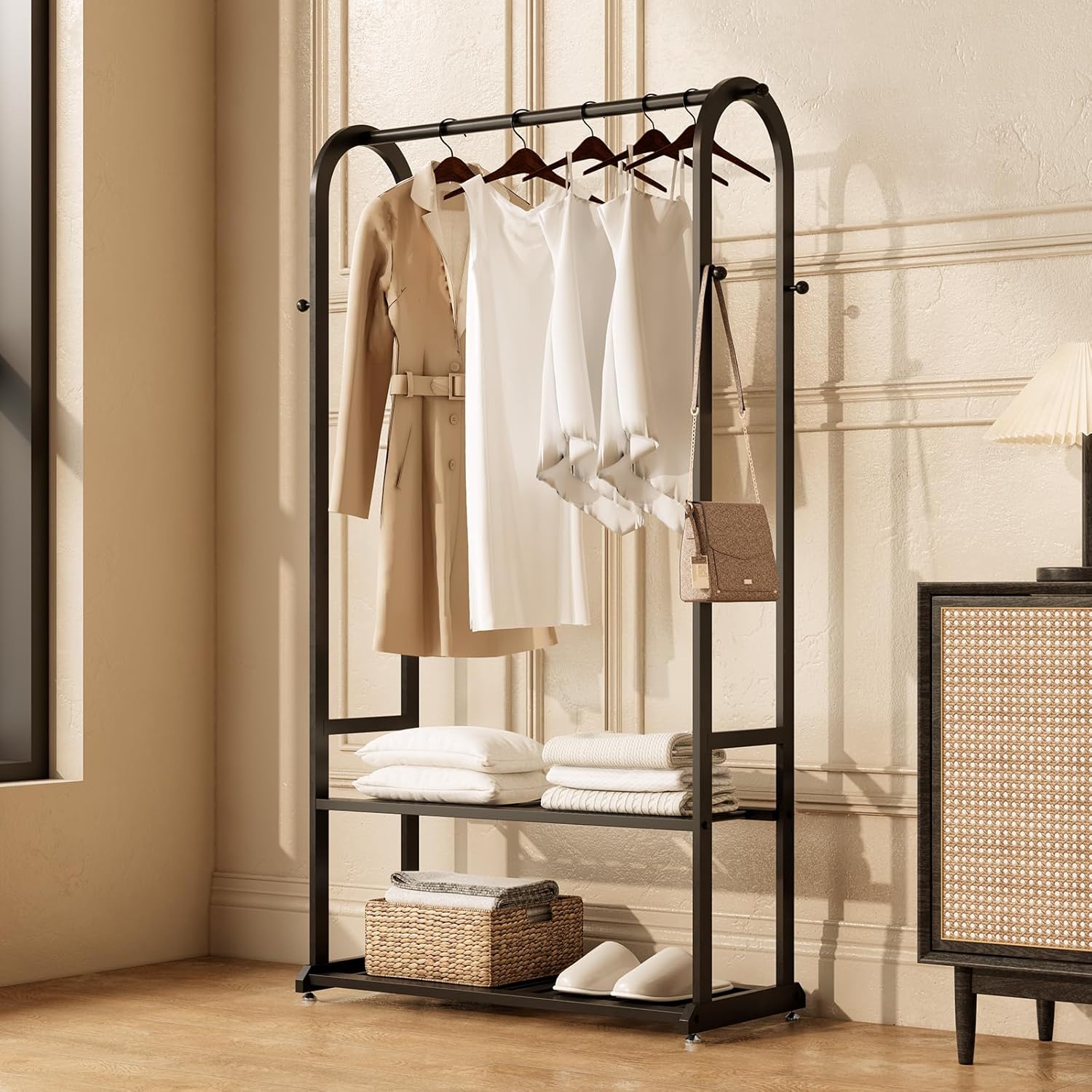Sturdy heavy duty clothes rack,Gold clothing rack with bottom shelves and 6 side hooks,Metal garment rack for hanging clothes