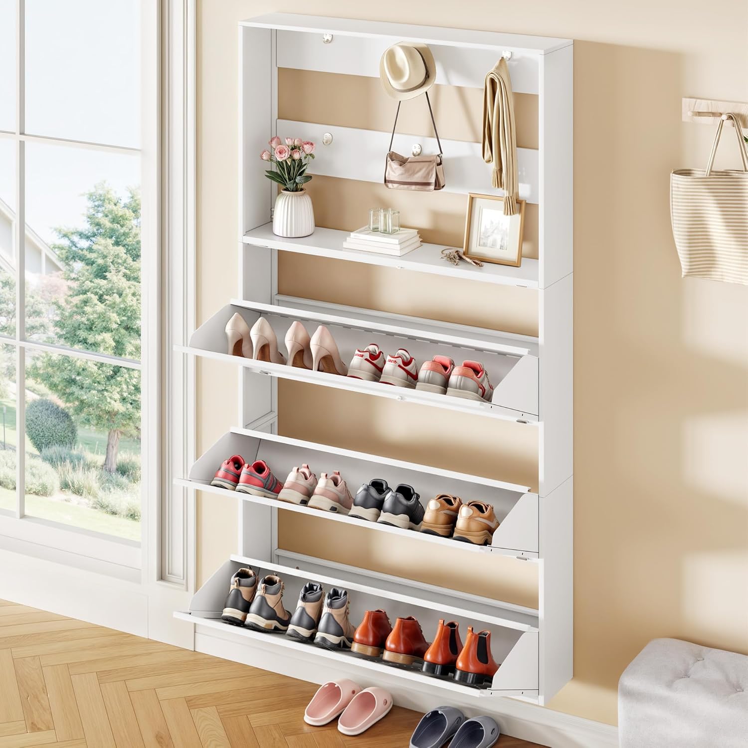 YITAHOME Metal Shoe Cabinet with Coat Rack, Wall Mounted Shoe Cabinet with 3 Flip Drawers, Entrance Hidden Slim Shoe Organizer Cabinets, Shoes Rack Storage Cabinets for Entryways, Hallways, White