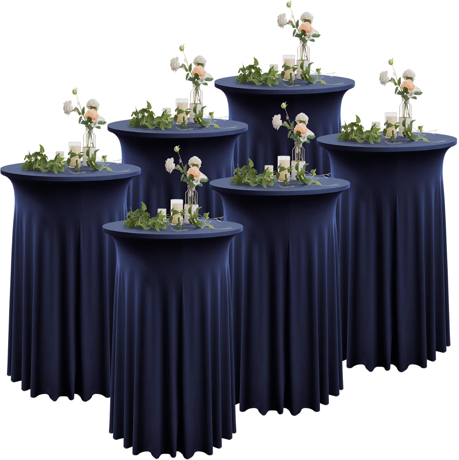 Nobed 6 Pack Wrinkle Free Stretch Spandex Table Covers, Navy Blue Cocktail Tablecloths with Skirt, 32X43 Inch High Top Highboy Round Cocktail Table Covers for Party Banquet Birthday Bar
