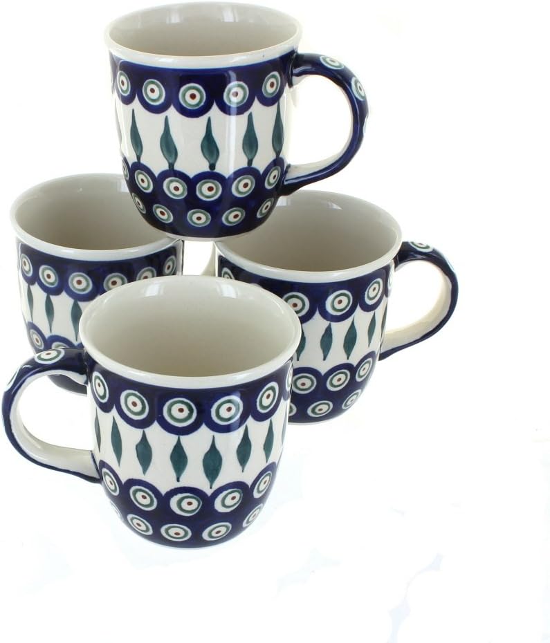 Blue Rose Polish Pottery - Blue Peacock 4 Piece Mug Set - 4 12 oz Mugs - Great Mug Set for Entertaining Guests