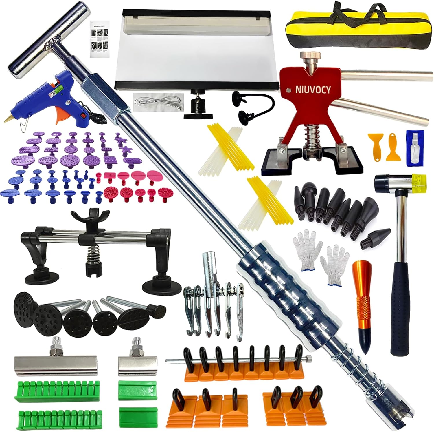 Auto Body Dent Puller Kit for Dent Removal with Red Dent Lifter,T-Bar,Slide Hammer,Bridge Puller and More for Paintless Dent Removal Kit (104pcs-with dent Light)