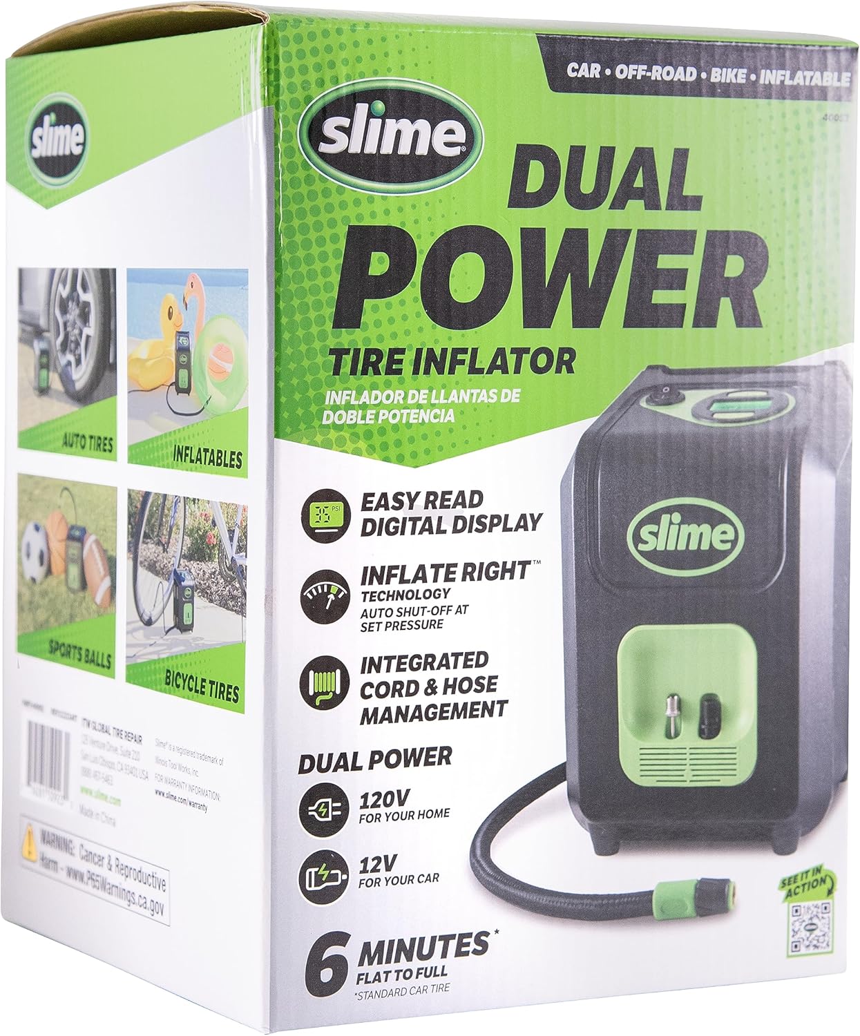 Slime 40052 Tire Inflator, Portable Car and Home Plug, SUV, 4x4 Air Compressor, Inflate Right automatic shut off, with Digital 99 psi Display, Dual Cord Storage, LED Light, 12V, 120V, 6 min inflation