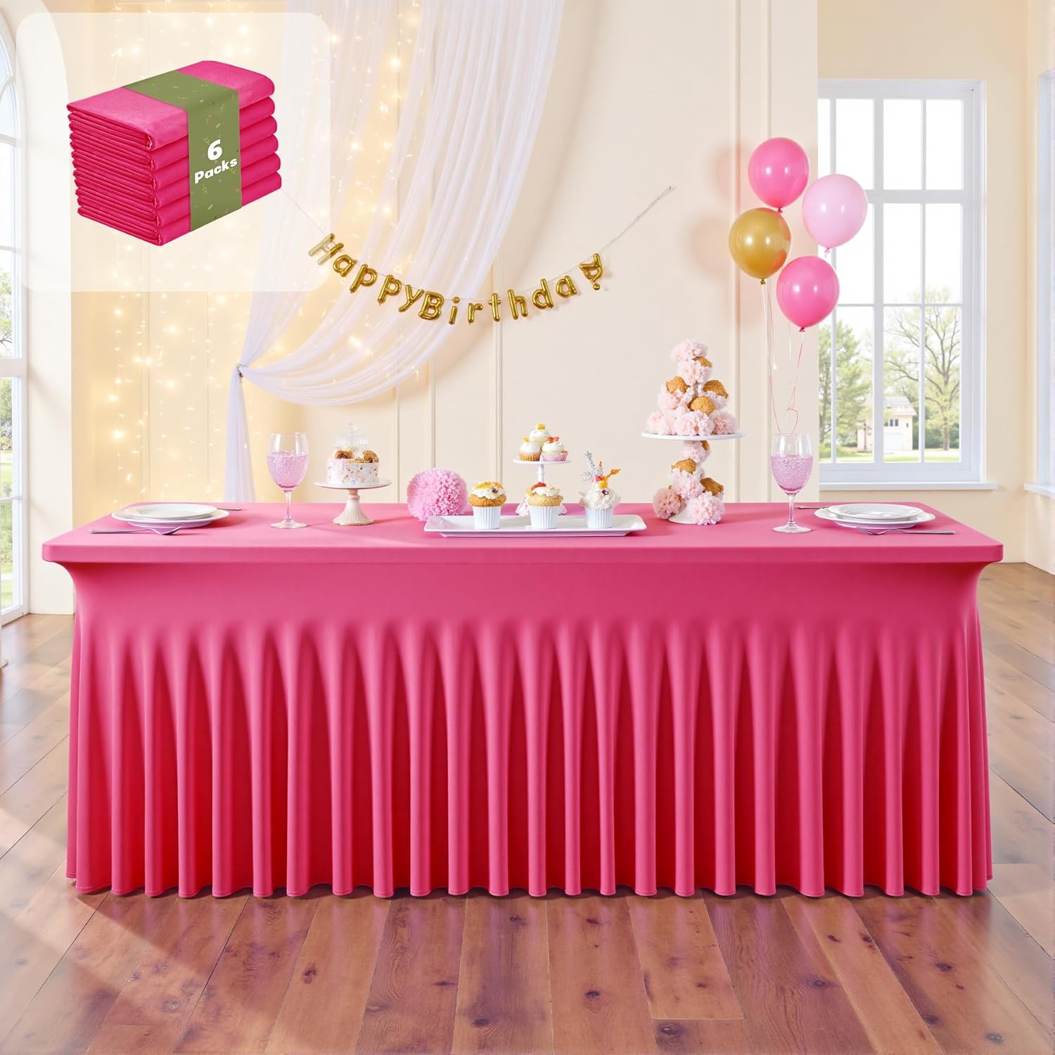 leegleri 6 Pack Hot Pink Spandex Table Clothes for 6 Foot Rectangle Tables, Wrinkle Free Fitted Table Cloth 6ft Stretch Tablecloths for Parties Weddings Birthday Banquet Baby Shower
