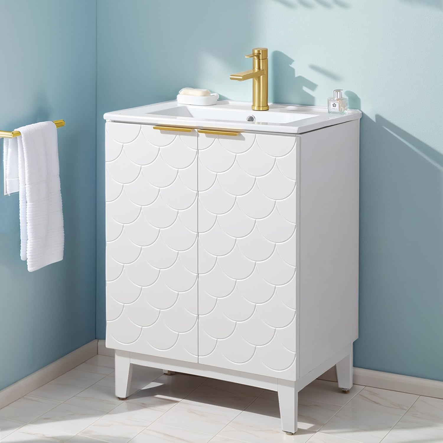 24 Inch Small Freestanding Bathroom Vanity with Sink, White Modern Bathroom Cabinet Sink Combo with Soft Closed Doors, Space-Saving Design for Small to Medium Bathrooms