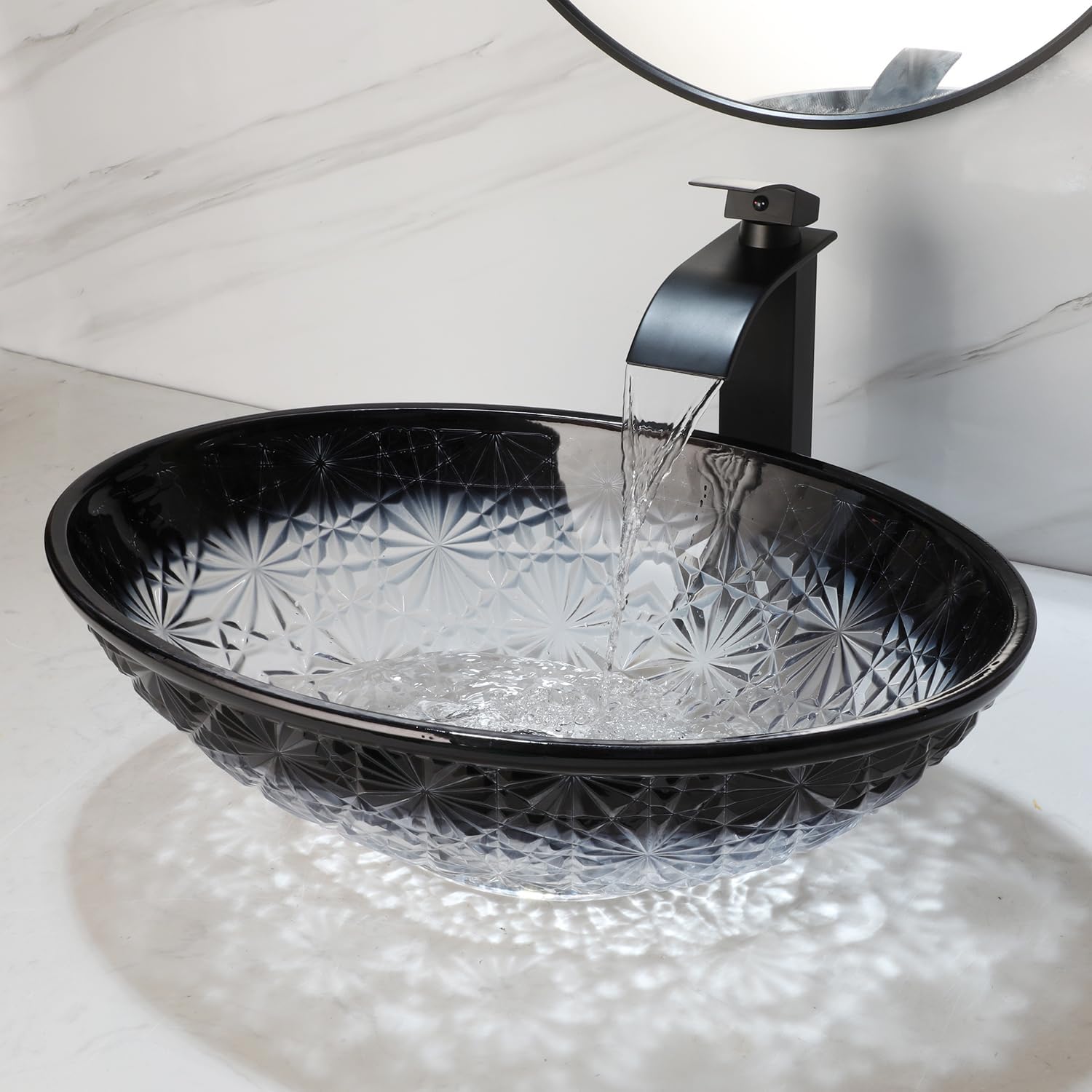 Glass Vessel Sink with Faucet and Drain Combo Glass Bathroom Sink Above Counter Oval Sinks Bowl Gradient Gray