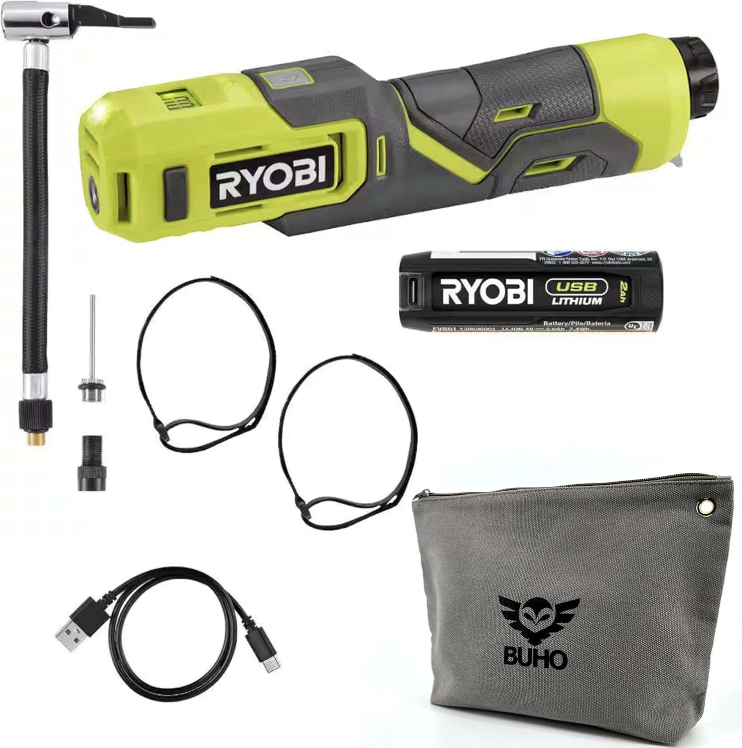 High Pressure Inflator Bundle with Ryobi Inflator, USB Lithium Battery and Buho Zipper Tool Pouch - Inflates Up To 100 PSI - Ideal for Bicycle Tires, Sports Balls, and Similar Products