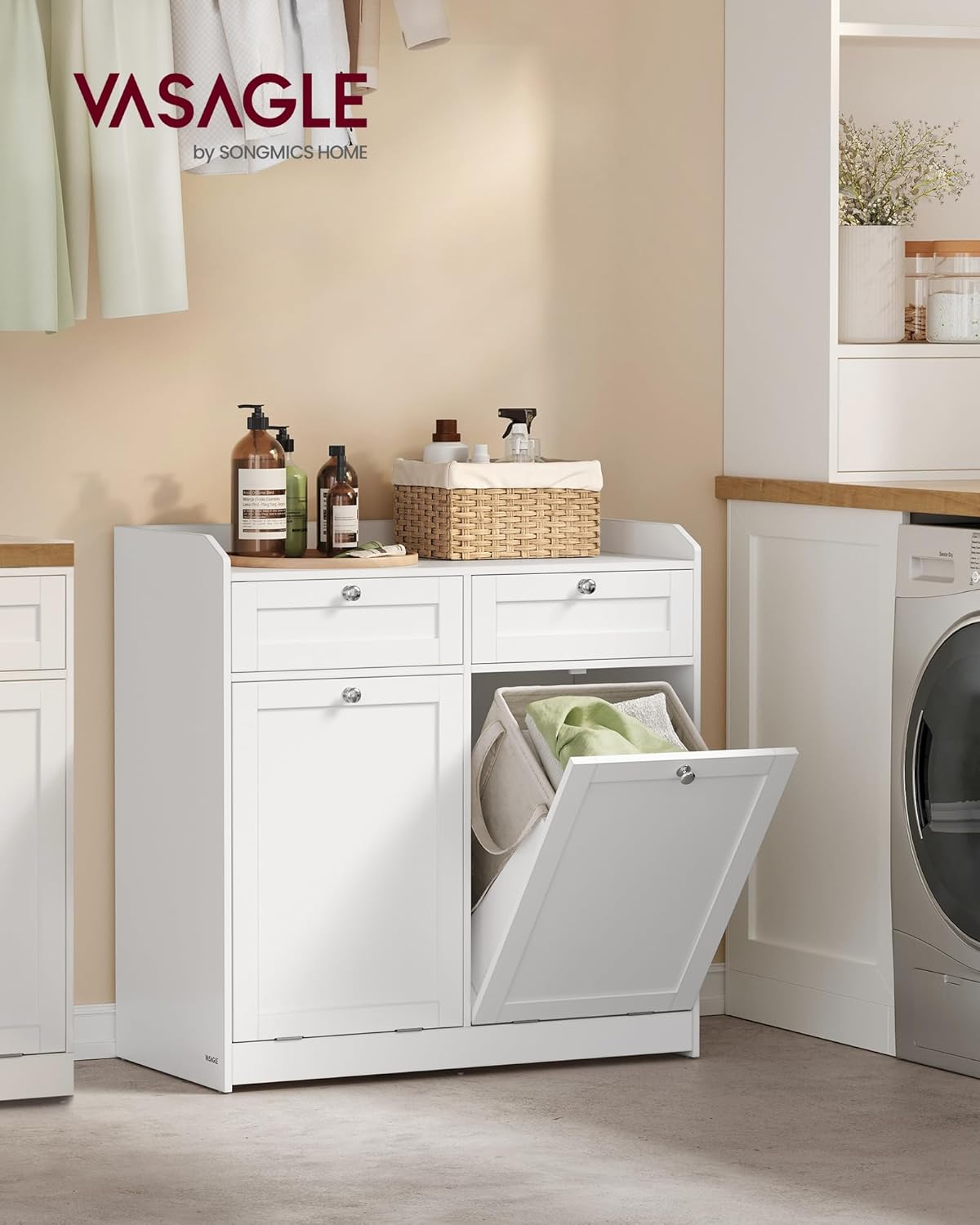 VASAGLE Laundry Cabinet with Tilt-Out Basket, Freestanding Storage Unit with Drawer and Laundry Hamper, for Bathroom, Living Room, 15.8 x 31.1 x 31.5 Inches, Cloud White UBBC751W01