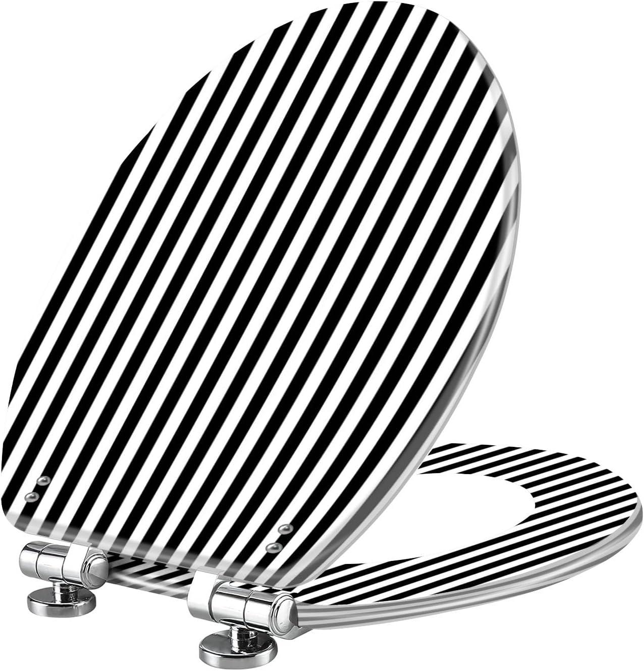 3D Black White striped vertical Resin Elongated Toilet Seat with Cover Quiet Close Quick Release Hinges Decorative Toilet Seat Easy to Clean Install Home Decor