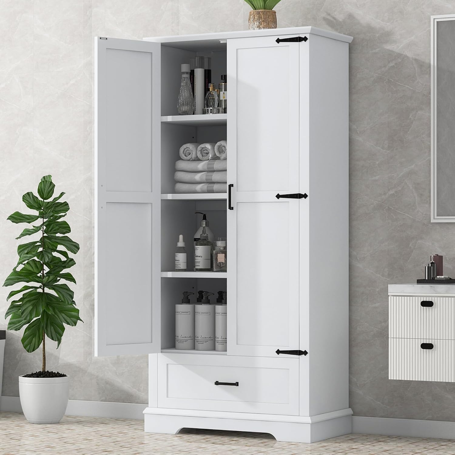 Harper & Bright Designs 69'' Tall Bathroom Storage Cabinet, Cabinet with Two Doors and One Drawer, Adjustable Shelf, MDF Board, White