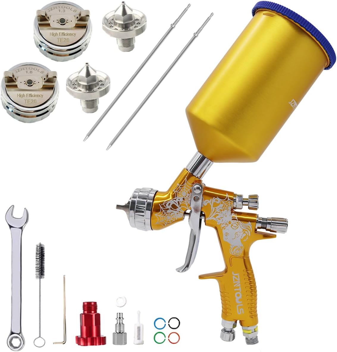Professional HVLP Air Spray Gun with 1.3/1.8mm Nozzles & 750cc Aluminum Paint Gun Cup – TE20 Automotive Paint Sprayer, Suitable for Primer, Varnish and Top Coat (Golden)