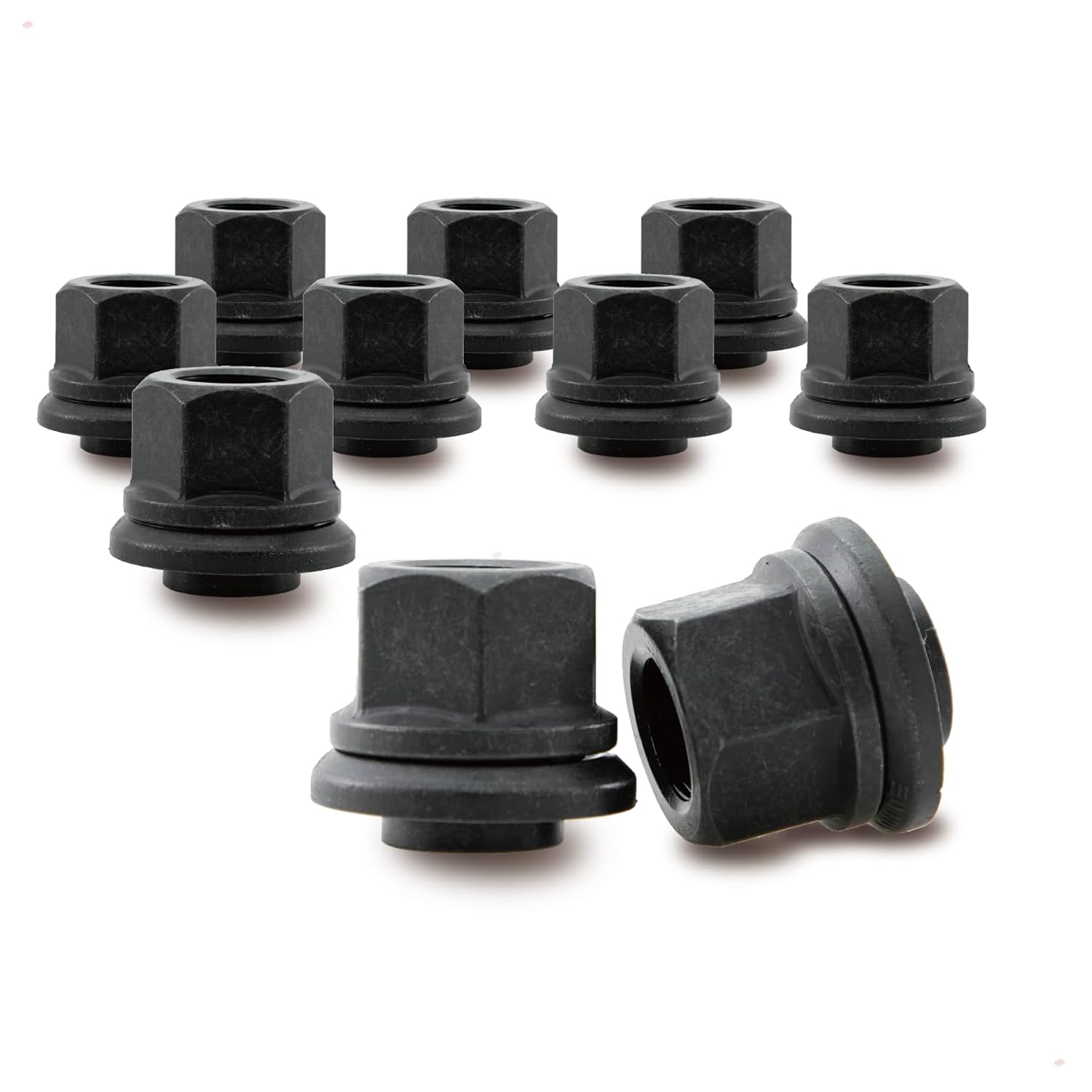 Two-Piece 6mm Sleeve Flanged Wheel Nuts 10PCS, M22x1.5 Hex:33mm Black for Heavy Duty Truck Semi Truck Fit Steel Single Wheels with Hub Piloted Seat & 26mm Bolt Hole Size