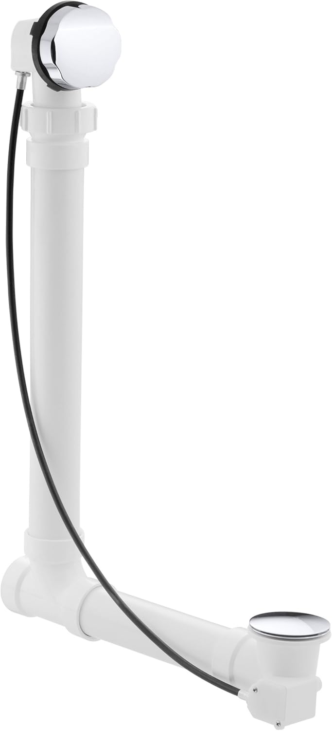 KOHLER 7213-CP Clearflo Cable Bath Drain with PVC Tubing, Metal Control Hande, Cable-Activated Bath Drain, Polished Chrome