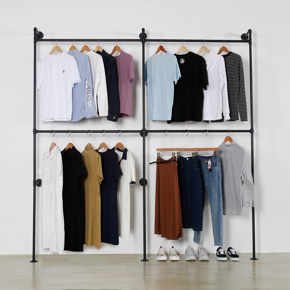 Garment Rack Heavy Duty Racks, Modern Simple Industrial Pipe Double Hanging Rods Clothing with Shelves, Freestanding Portable Wardrobe Closet Rack for Hanging Clothes, 93in Black