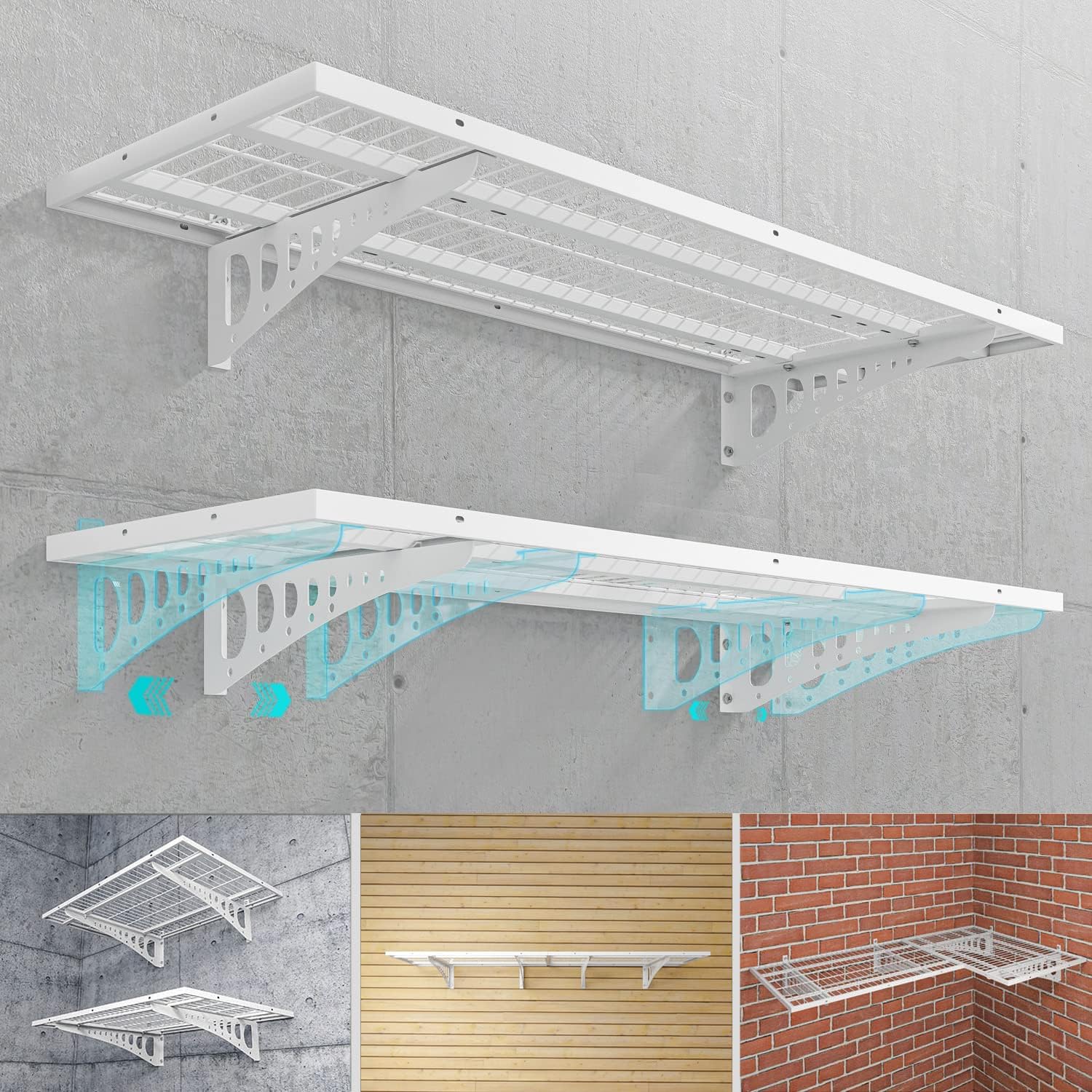 2-Pack 1.5×3.8ft Garage Wall Shelving, 18×45.6 inches Heavy Duty Wall Mounted Shelves, Garage Storage Shelf, 500 lbs Load Capacity, Black (White, 2 Pcs 1.5 * 3.8 ft)