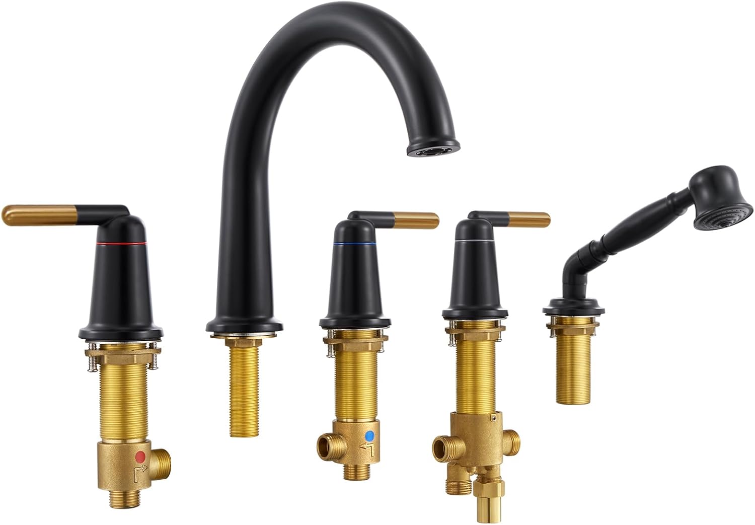 Black & Rose Gold Roman Bathtub Faucet Set with Hand Shower & Brass Valve 5 Hole 3 Handle Widespread Deck Mount Tub Filler Classic Vintage High Arc Gooseneck spout Tub Faucets