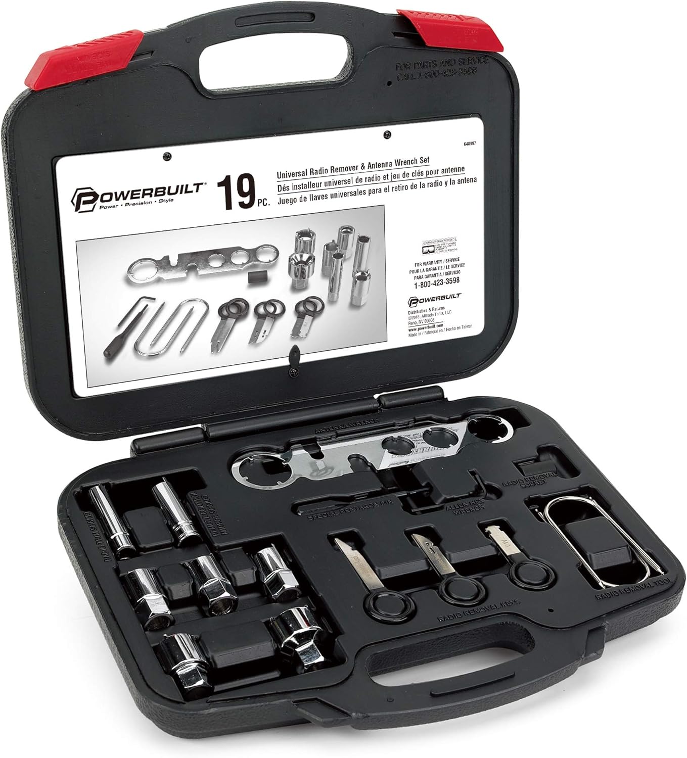 Powerbuilt Radio and Antenna Remove and Install Tool Set, Car Stereo System Remover Keys, 19 Piece, Wrench, Hex Keys, Storage Case - 648997