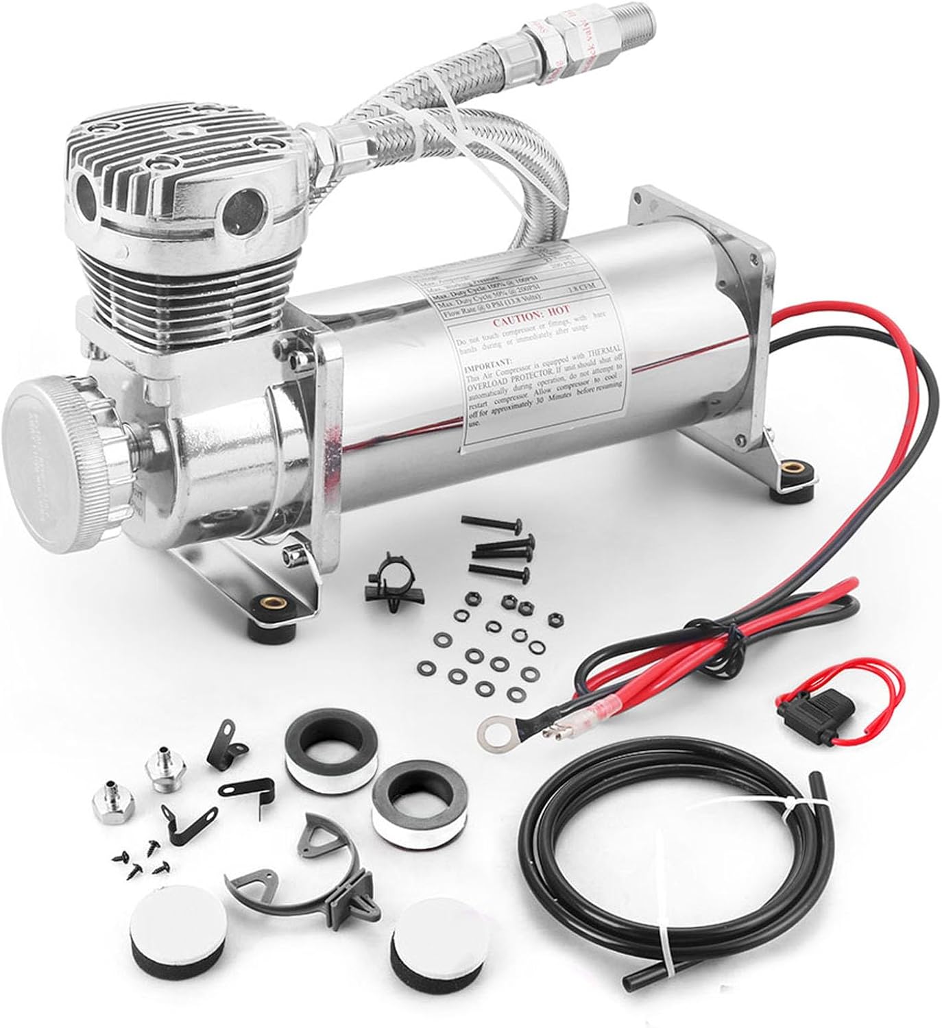 Heavy Duty Universal 200PSI Air Horn Compressor 3/8NPT Hose Kit Compatible With Suspension/Air Bag/Train Horn DC 12V 480C Chrome Sliver