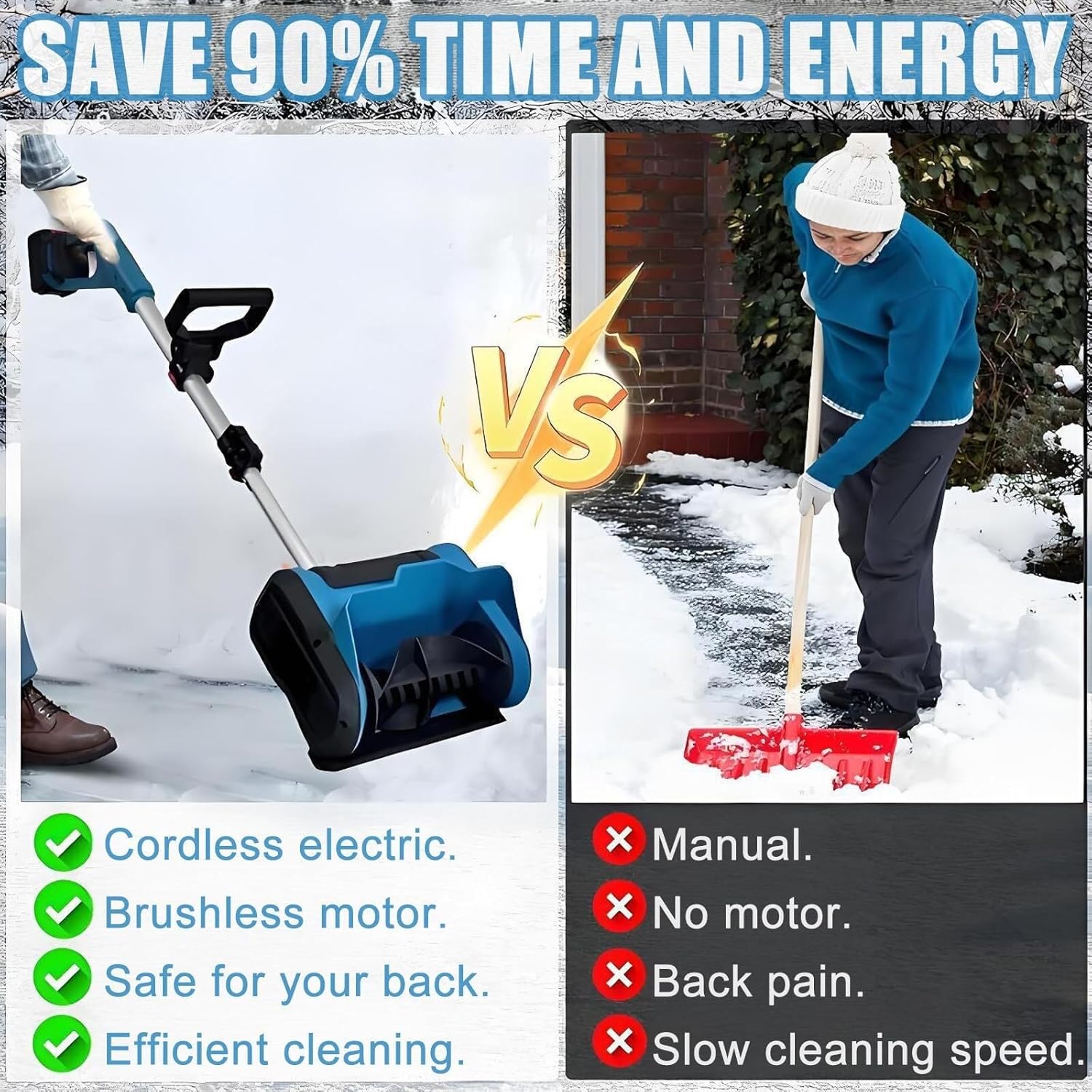 Upgraded 600w Brushless Snow Blower - Cordless Electric Shovel, 30+ Mins Runtime, 45° L/R/Up Adjustable,25.4cm Cleaning Width,Electric Snow Plower for Patios(2batteries)