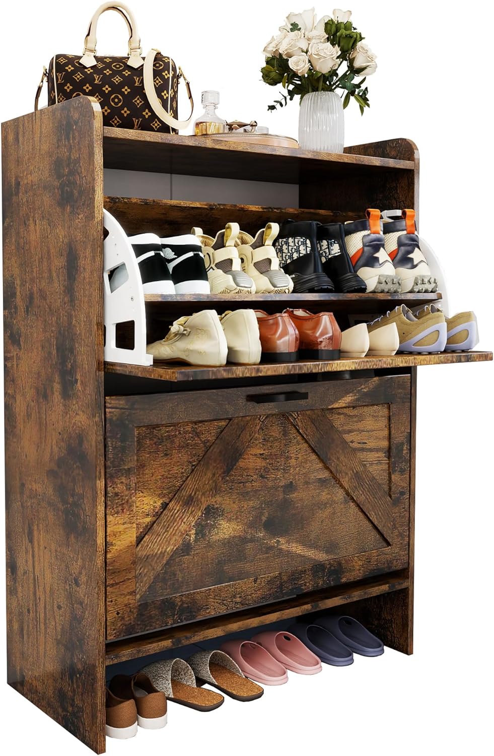 Shoe Cabinet with 2 Flip Drawers, Shoe Cabinet Storage for Entryway with Wider Adjustable Shelf, Hidden Freestanding Farmhouse Shoe Rack Organizer for High Heels, High - Top Shoes＆Plus Size Shoes