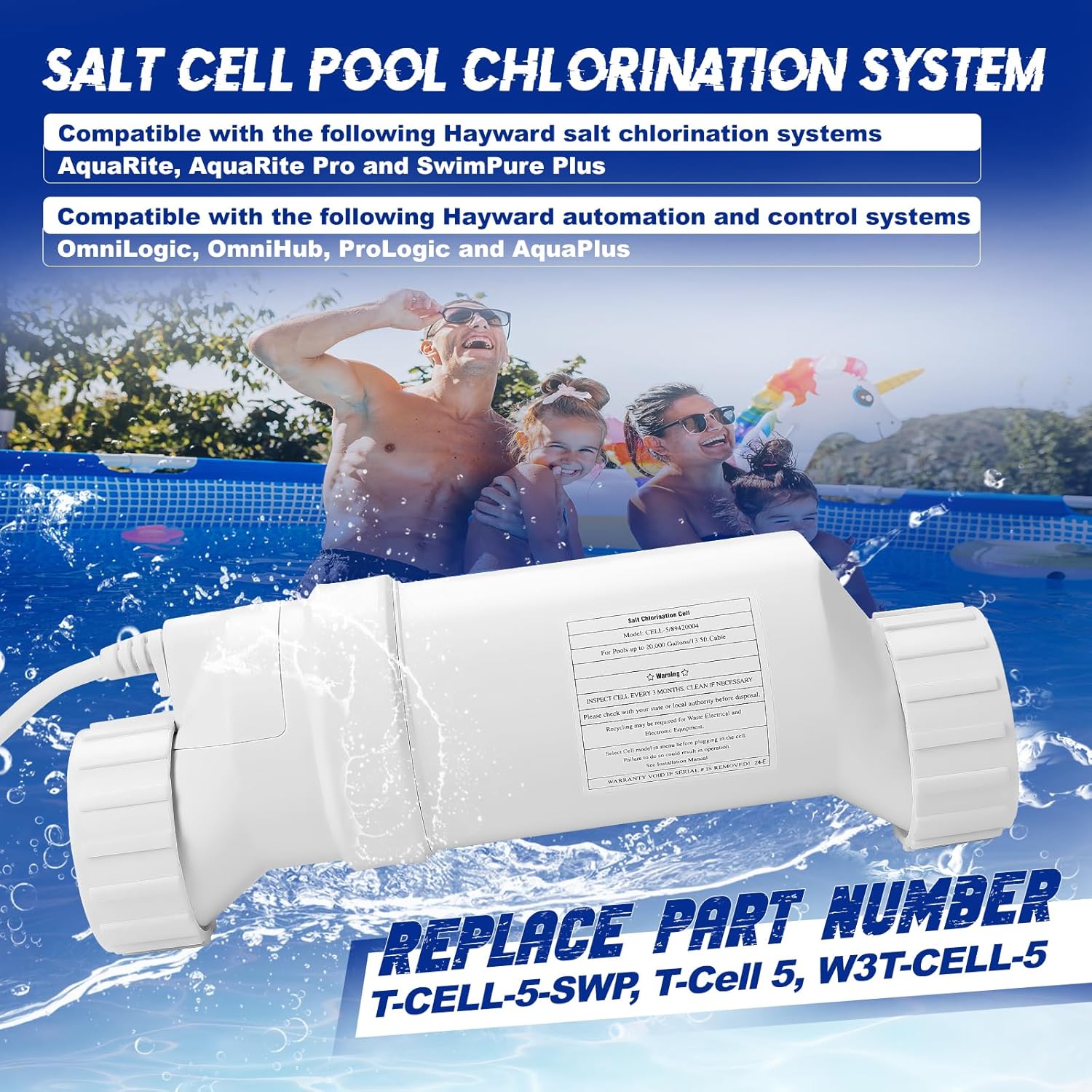 Salt Water Pool Chlorinator System Compatible with Hayward Salt Chlorine Generator W3T-Cell-5, T-CELL-5-SWP, T-Cell 5. Salt Chlorine Generator Systems up to 20,000 gallons Swimming Pools.