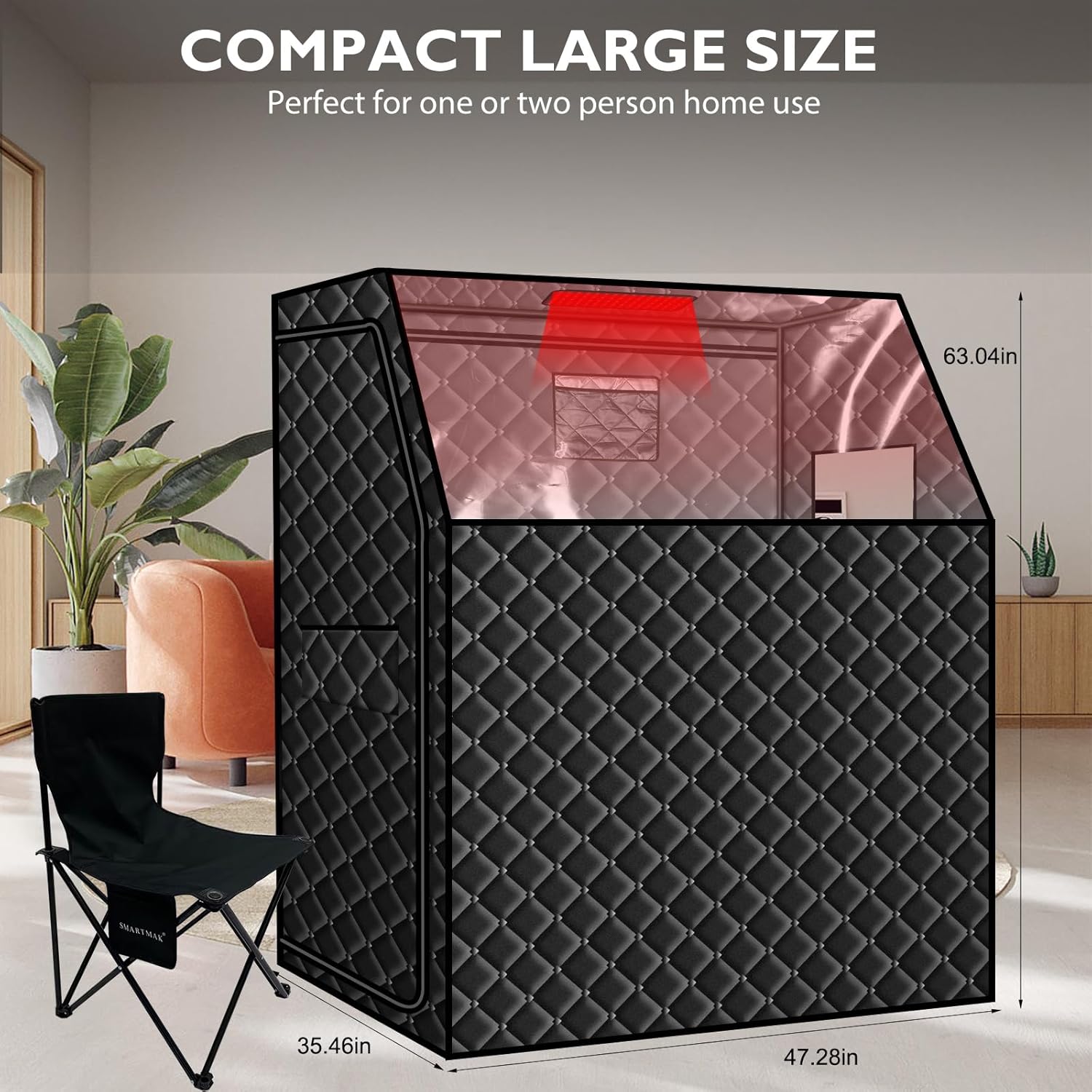 Smartmak Two Person Portable Far Infrared Sauna for Home, Full View X-Large Sauna Box with 660nm Red Light Therapy Lamp, 6 Heaters, Indoor SPA Room for Relaxaion, Remote Control, 2 Big Folding Chairs