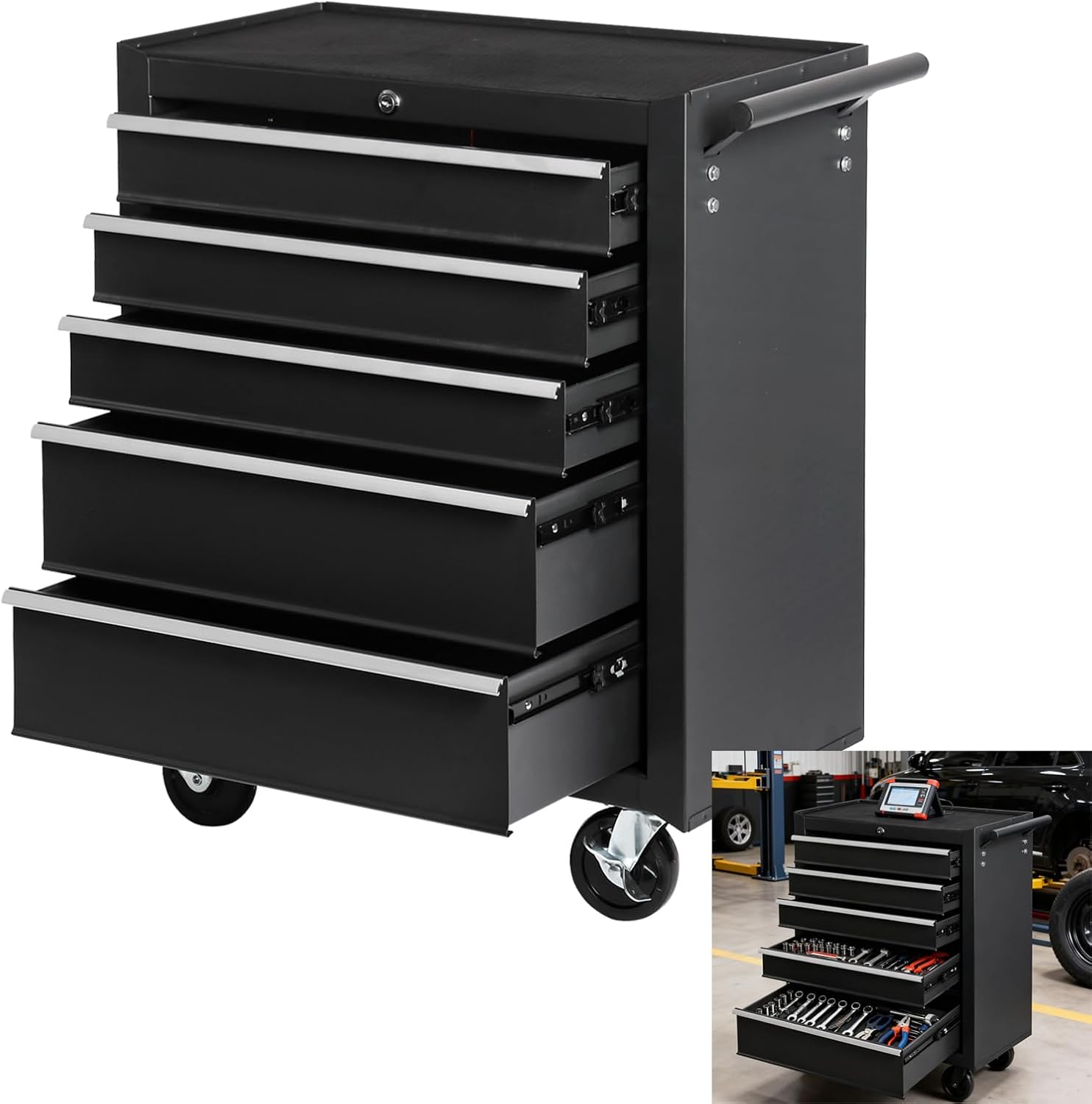 5-Drawer Rolling Tool Chest with Lock, Mobile Tool Box Storage Cabinet on Wheels, Heavy-Duty Steel Garage Organizer Lockable, w/Hooks for Mechanics, Repair Workshop, Warehouse