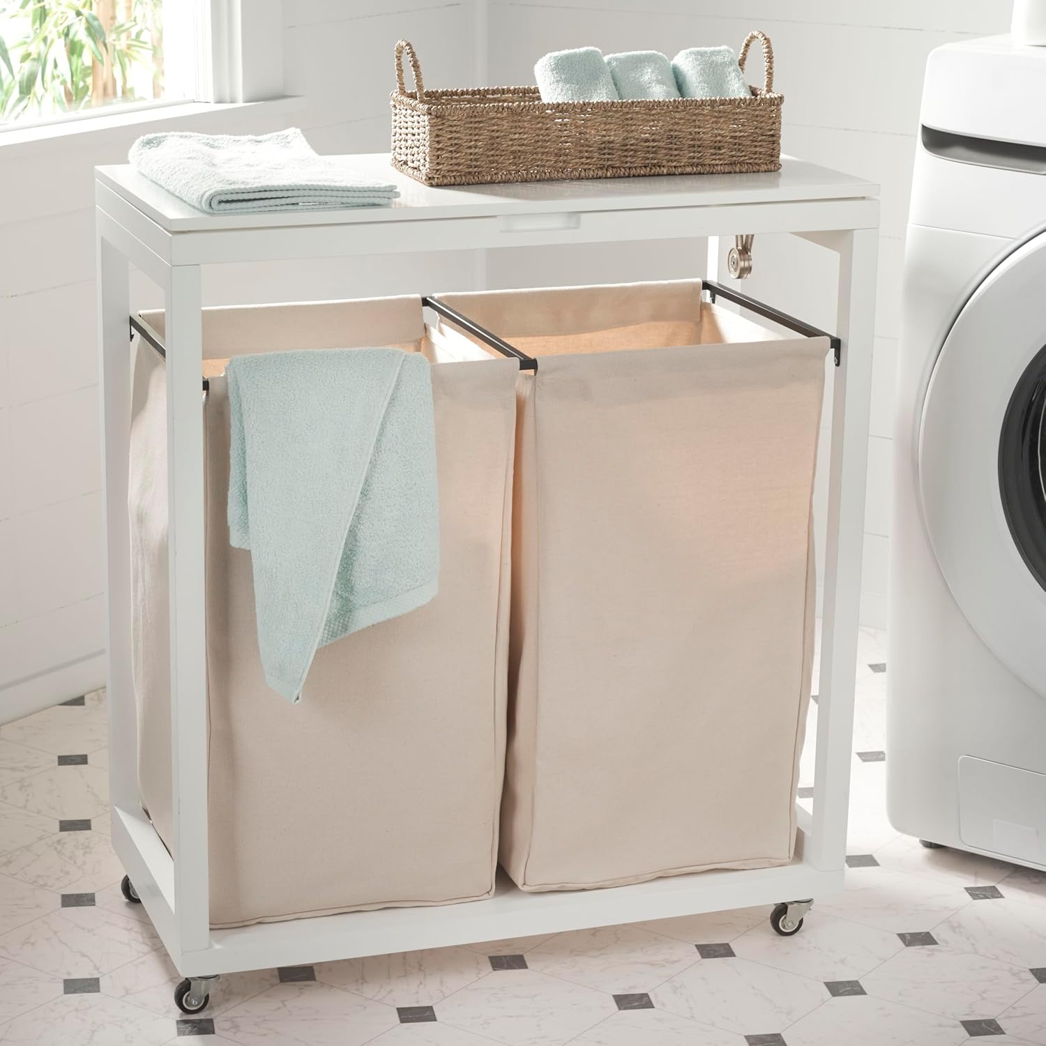 SAFAVIEH Home Collection Home Collection Leanna White/Beige 2-Compartment Laundry Basket with Wheels