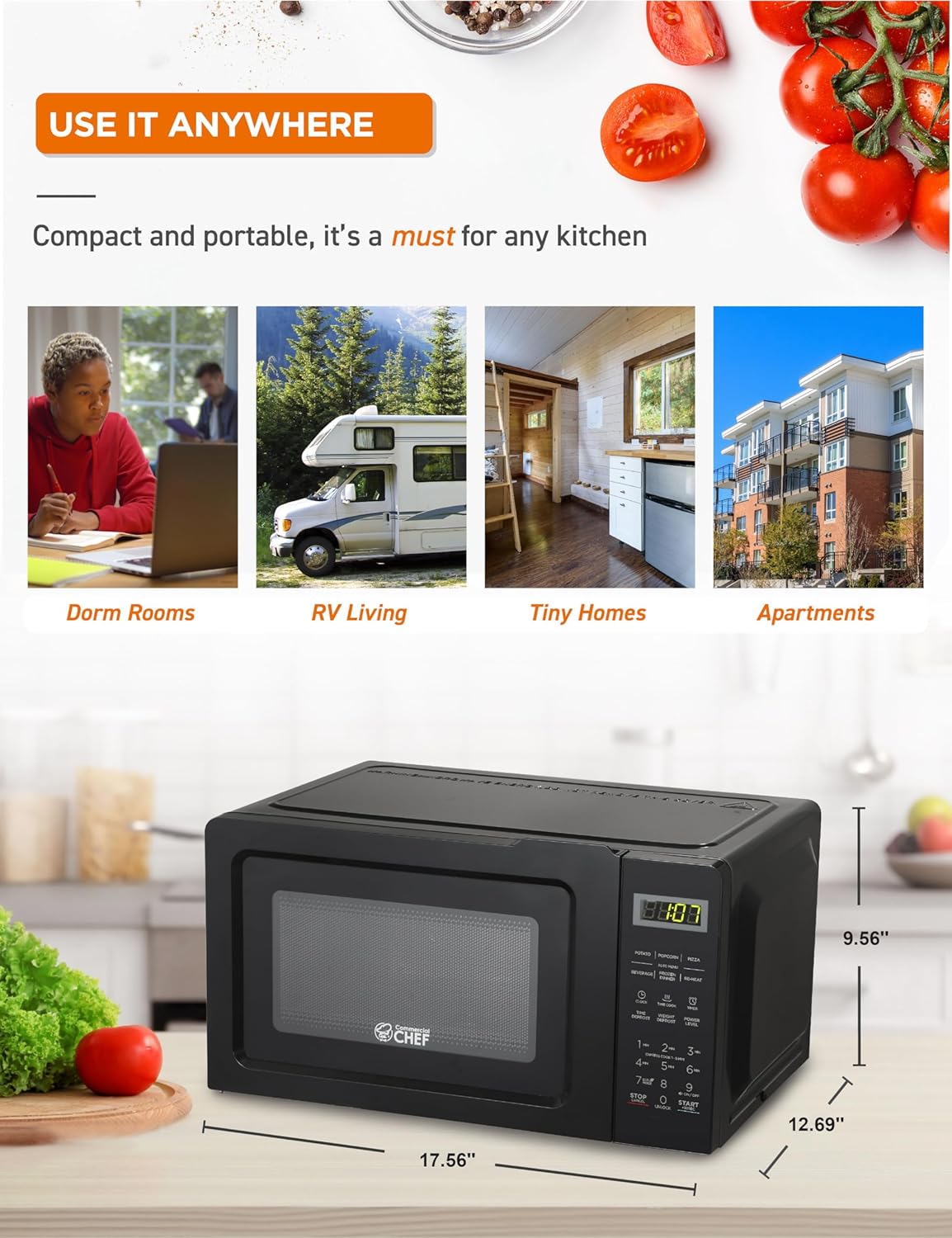 COMMERCIAL CHEF 0.7 Cubic Foot Microwave with 10 Power Levels, Small Microwave with Pull Handle, 700W Countertop Microwave up to 99 Minute Timer and Digital Display, Black