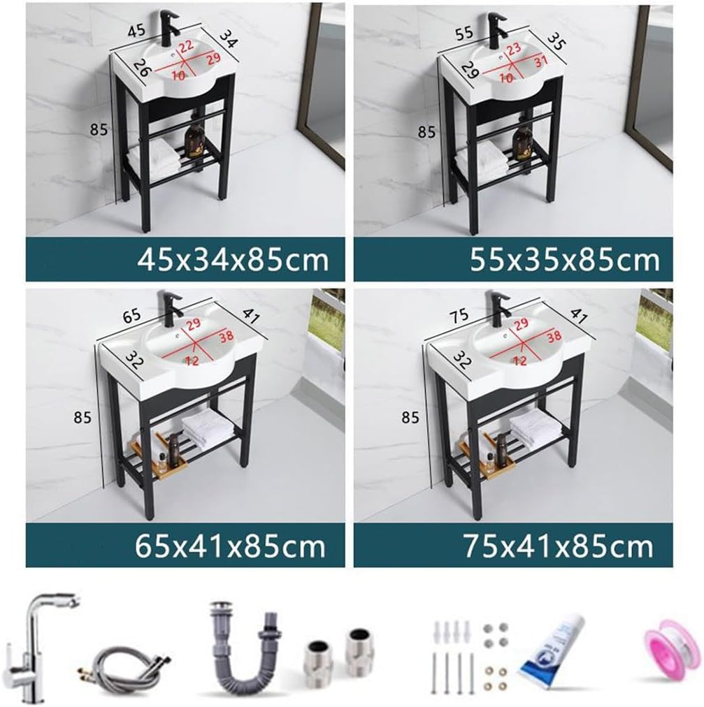 Ceramic Bathroom Vanity Sink, Free-Standing Console Pedestal, Laundry Tub Sinks, Wash Basin Station, Porcelain Vessel Basin Round with Metal Legs and Storage Shelf,for Home Bathroom ( Size : 65*41cm )