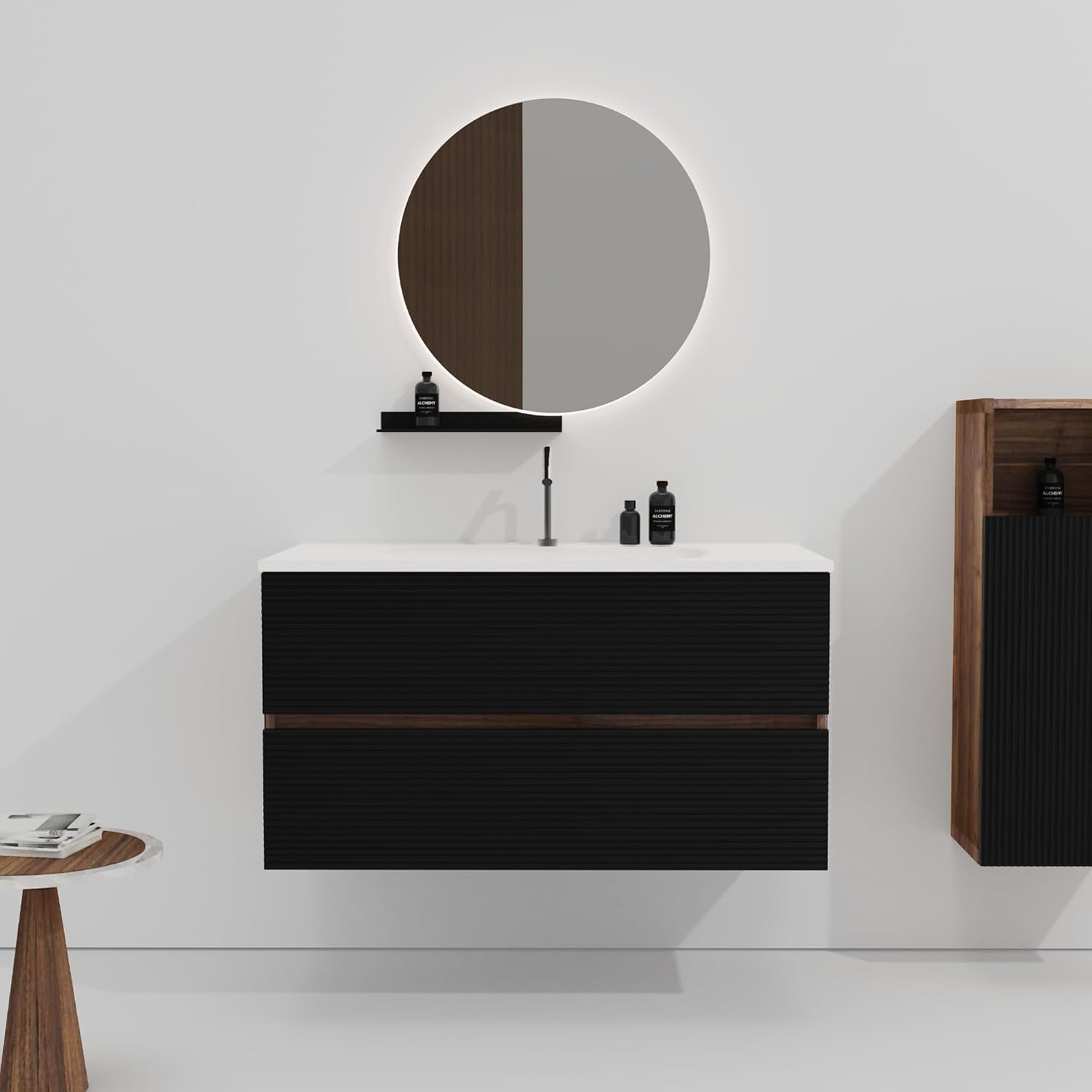 Mid-Century Black Walnut Bathroom Floating Cabinet with Striped Texture, Wall-Mounted Waterproof Storage for Small Spaces, E1-Grade Eco-Friendly Solid Wood KD Side Cabinet
