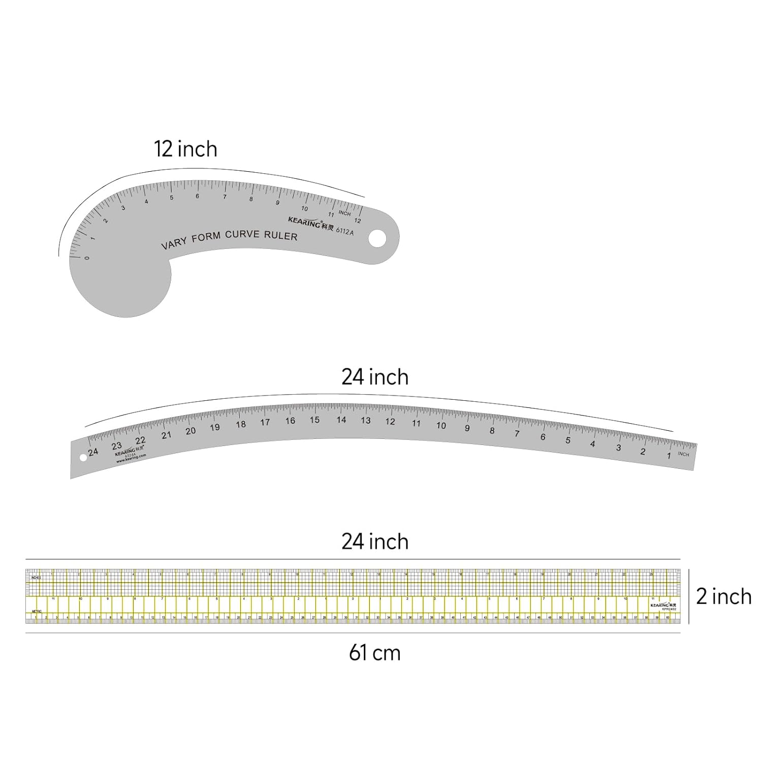 KEARING Fashion Designer's Ruler Kit, French Curve Ruler for Pattern Making, Light Aviation Aluminum Hip Curve Ruler, L-Square Ruler, Vary Form Curve Ruler for Pattern Making Sewing,Quilting