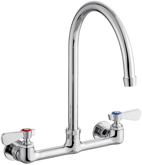 Wall Mount Faucet, Chrome-Plated Brass, 8 Inch Centers, 8 Inch Gooseneck Spout, 2 GPM Flow Rate, NSF Listed, Commercial Kitchen Use