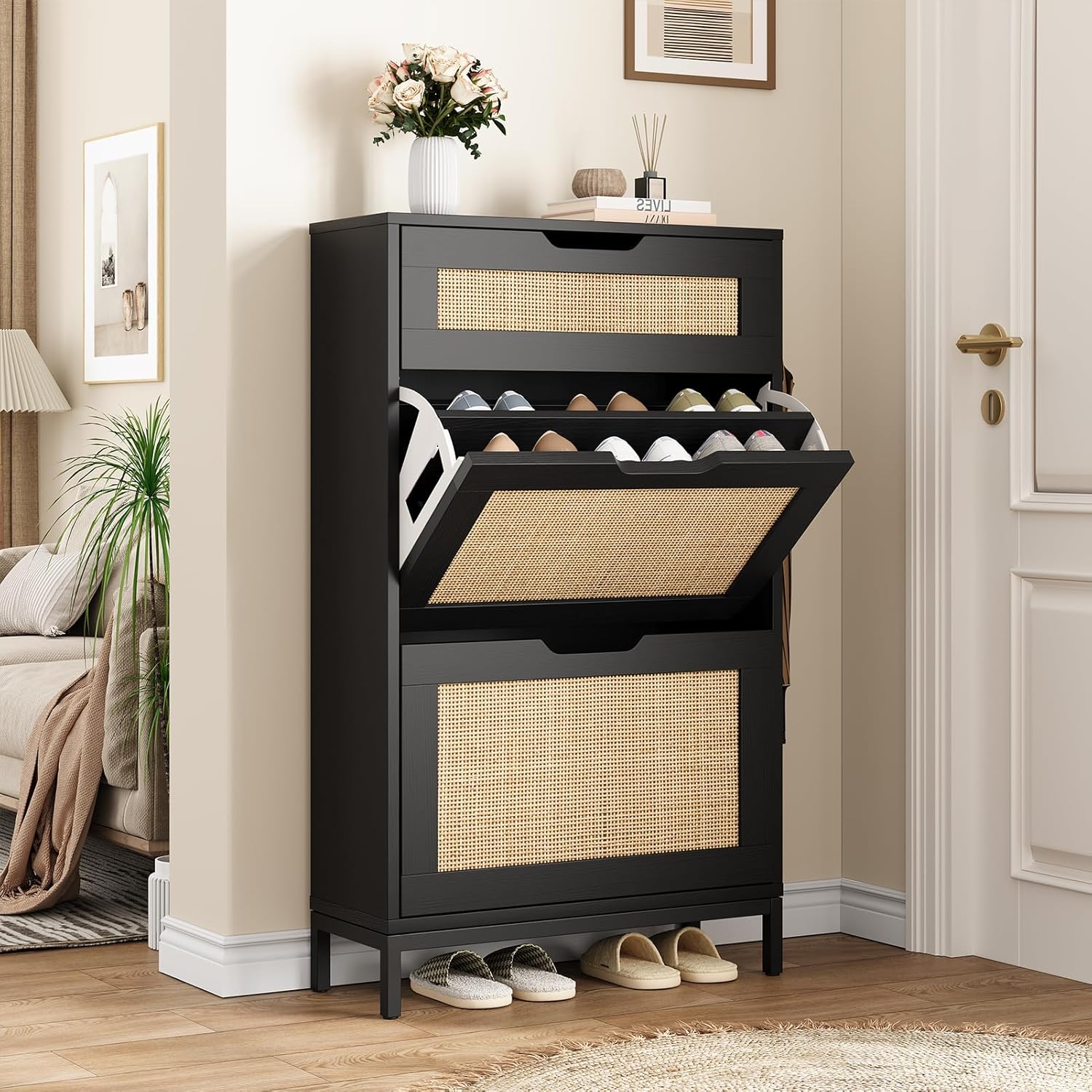 Rattan Shoe Cabinet Storage for Entryway, Narrow Wood Shoe Cabinet with 2 Top Drawers & 4 Flip Drawers, Freestanding Hidden Shoe Organizer with Metal Legs, Oak