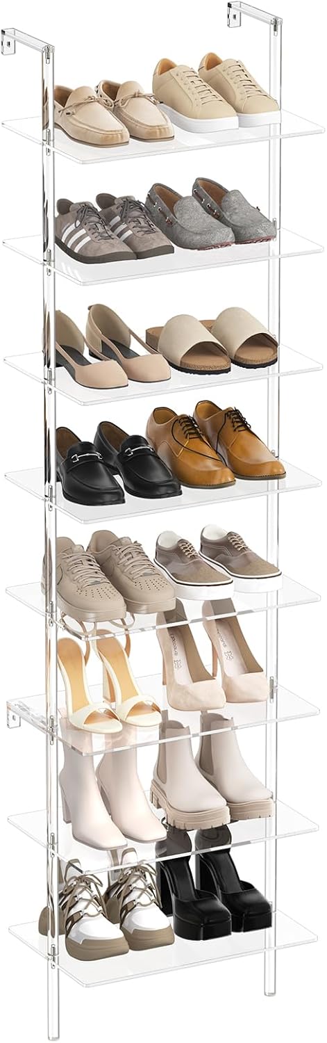 Aquiver Acrylic Shoe Rack - 8 Tier Wall Mounted Shoe Rack - Tall Shoe Shelf Narrow Shoe Organizer 16 Pairs of Shoes for Closet, Entryway, Bedroom, 18.1'' L x 11.8'' W x 69.5'' H (Clear)