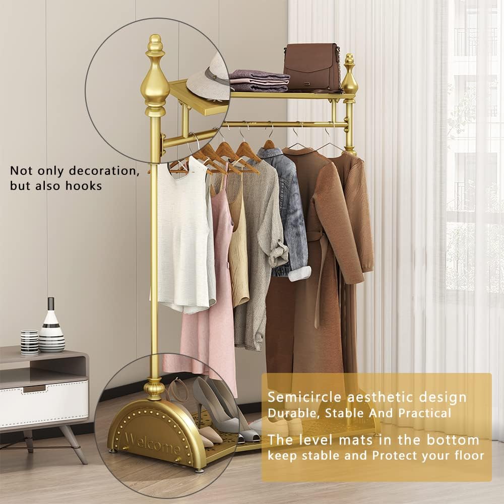 Clothing Rack Gold, Industrial Clothes Rack for hanging Clothes with Double Shelves Freestanding Multi-functional Heavy Duty Garment Rack, Metal Movable Portable Coat Rack for Organizing Clothes Shoes
