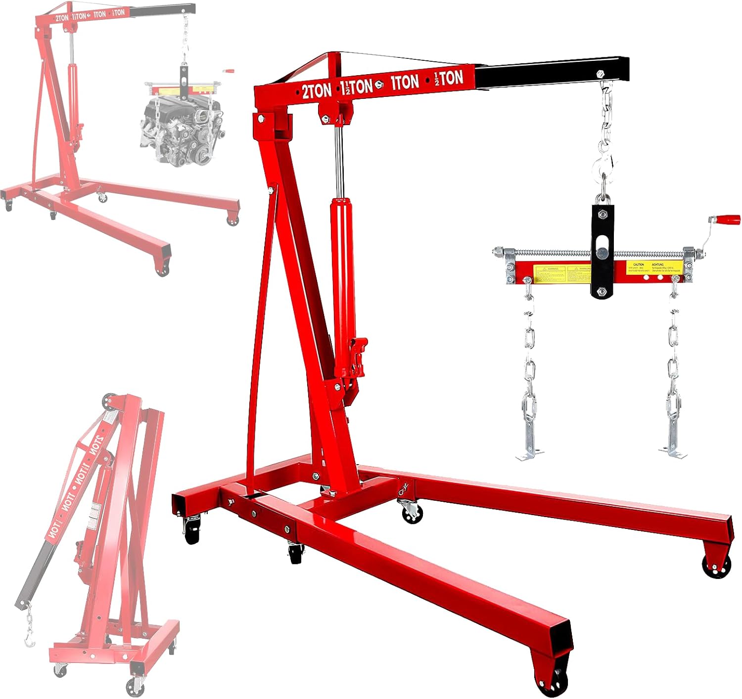 4400 lbs Folding Engine Hoists, 2 Ton Engine Hoist Lift with 24in Extension Length,Truck Bed Crane Hoist with Engine Leveler, Engine Hoist Leveler for 6 Casters,for Lifting Workshop Heavy Loads