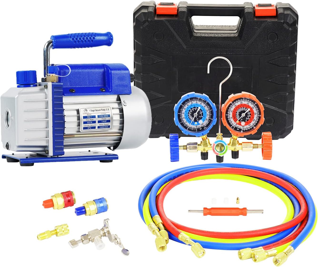 3.5CFM 1/4HP Single-Stage Vacuum Pump with 3-Way Manifold Gauge Set for HVAC Refrigeration - Compatible with R12, R22, R134A, R502, Ideal for Recharging and Maintenance, Oil Not Included