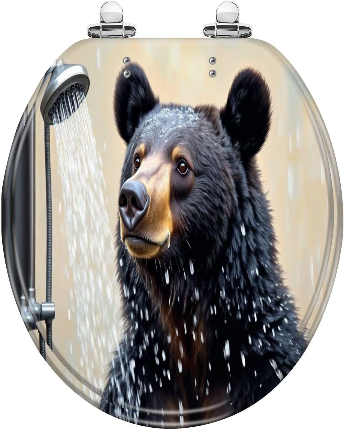 Round Toilet Seat Funny Black Bear Rustic Farmhouse Animal Bear Shower Water Fur Nature Resin Toilet Seat Slow Quiet Close Lid with Quick-Release Hinges Cover Bumpers Easy to Clean Install