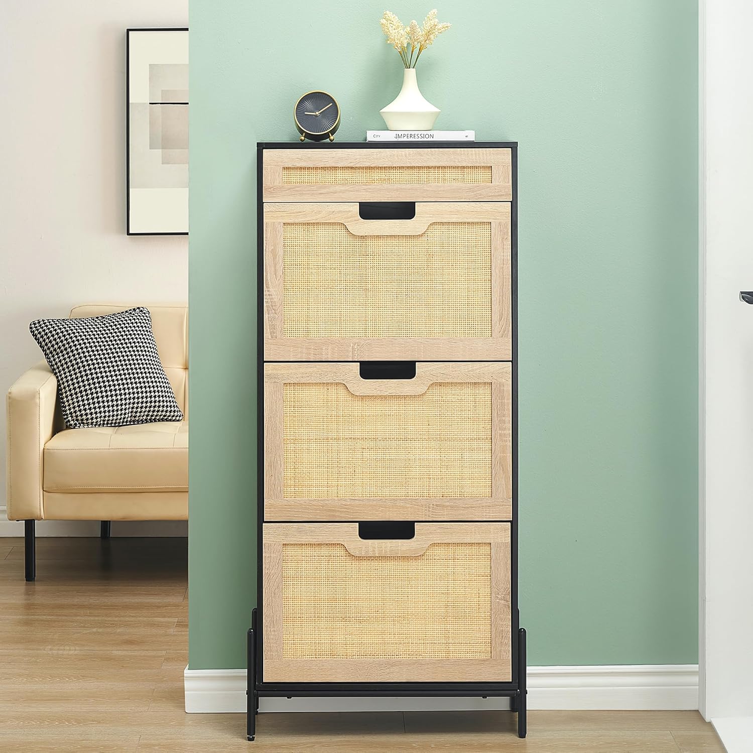 IDEALHOUSE Natural Rattan 3 Flip Door with 1 Drawer Shoe Cabinet Organizer Freestanding, Shoe Rack Storage Cabinet for Entryway with 3-Tier Adjustable Shelves for Slippers, Sneakers, Heels, Boots