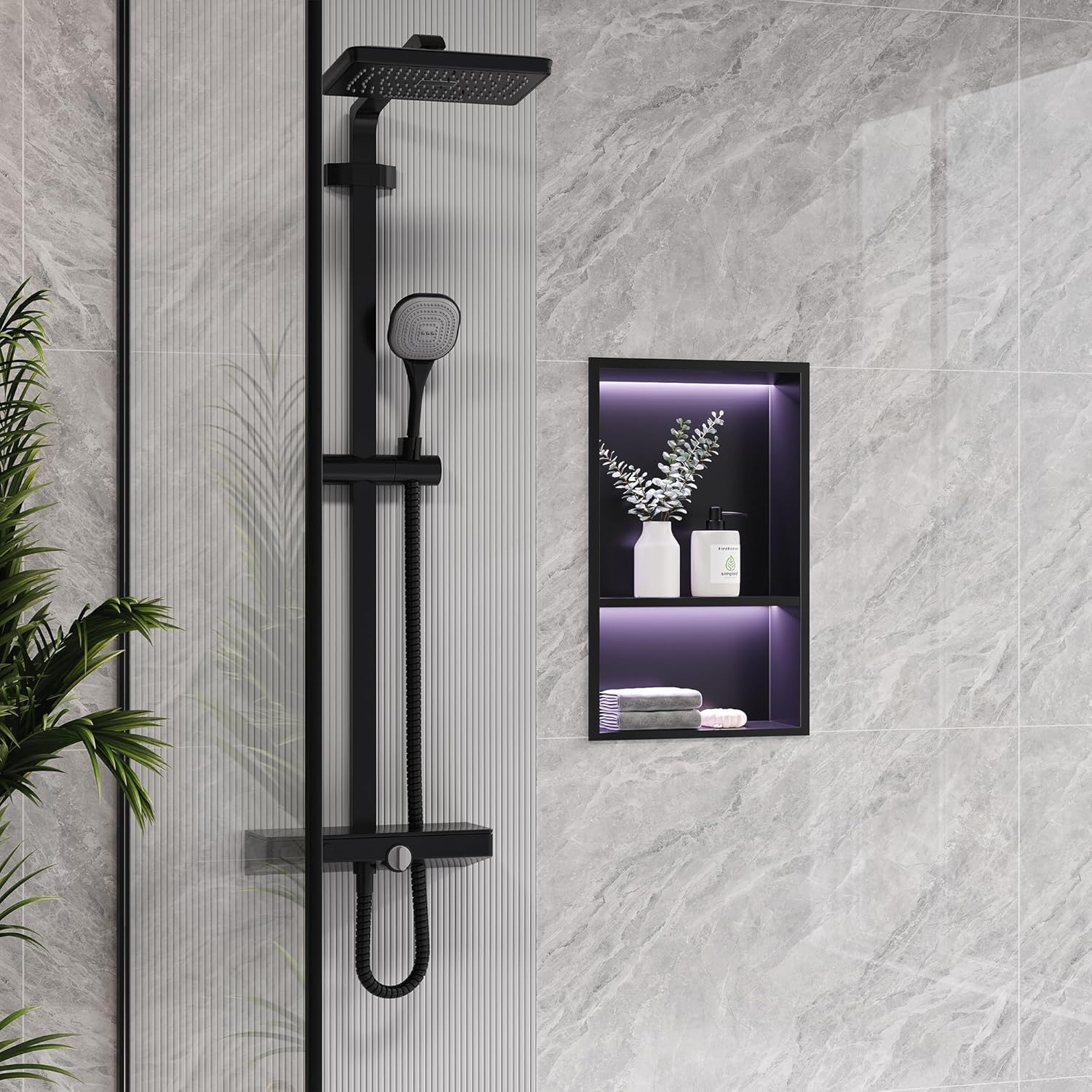 2-Tiers 12x18Inch Wall Niche with RGB LED Light Strips, Matte Black Shower Niche Cabinet, Stainless Steel Bathroom Shelf, NO Tile Needed Recessed Storage Organizer