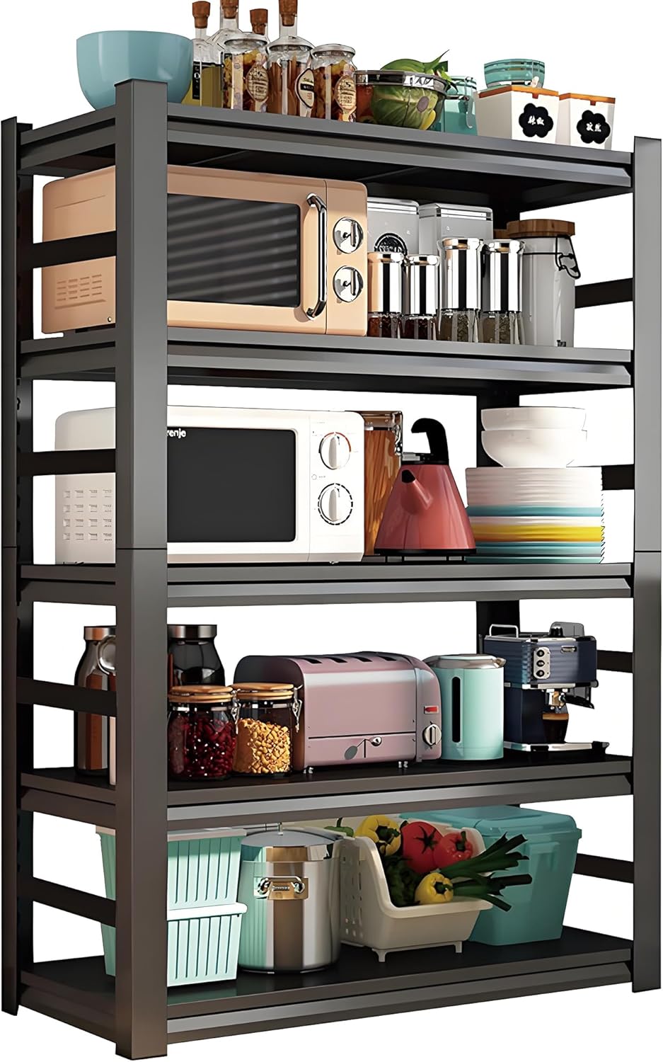 Kitchen Shelf Organizer Adjustable Utility Metal Shelves Kitchen Appliance Storage Floor Standing Heavy Duty Shelving Unit for Coffee Bar, Microwave and Oven, Black (With Fences-72