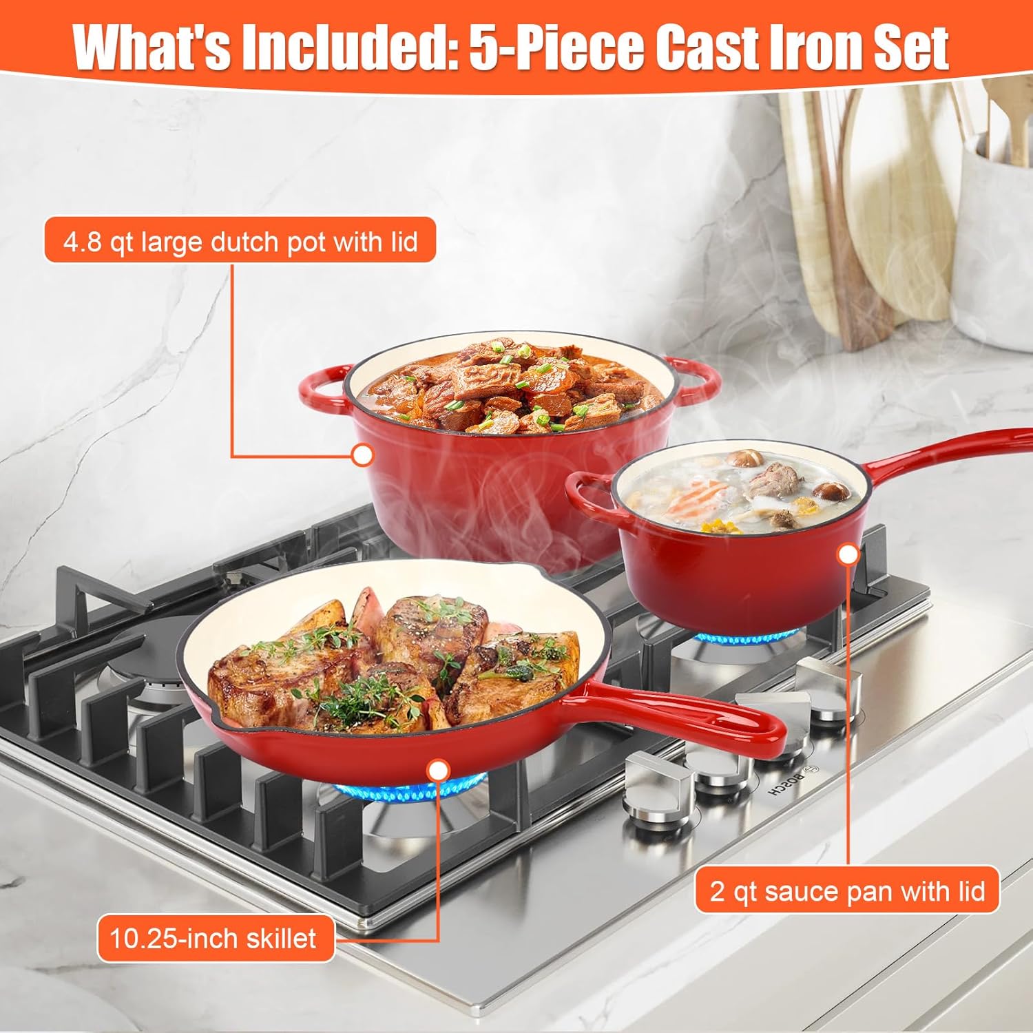 QuliMetal Nonstick Enameled Cast Iron Cookware Set, 5-Pcs Pots and Pans with Lid, Frying Pan Skillet, Sauce Pan, Healthy Round Dutch Oven Pot for Sourdough Bread Baking on All Stovetop, Rouge Red