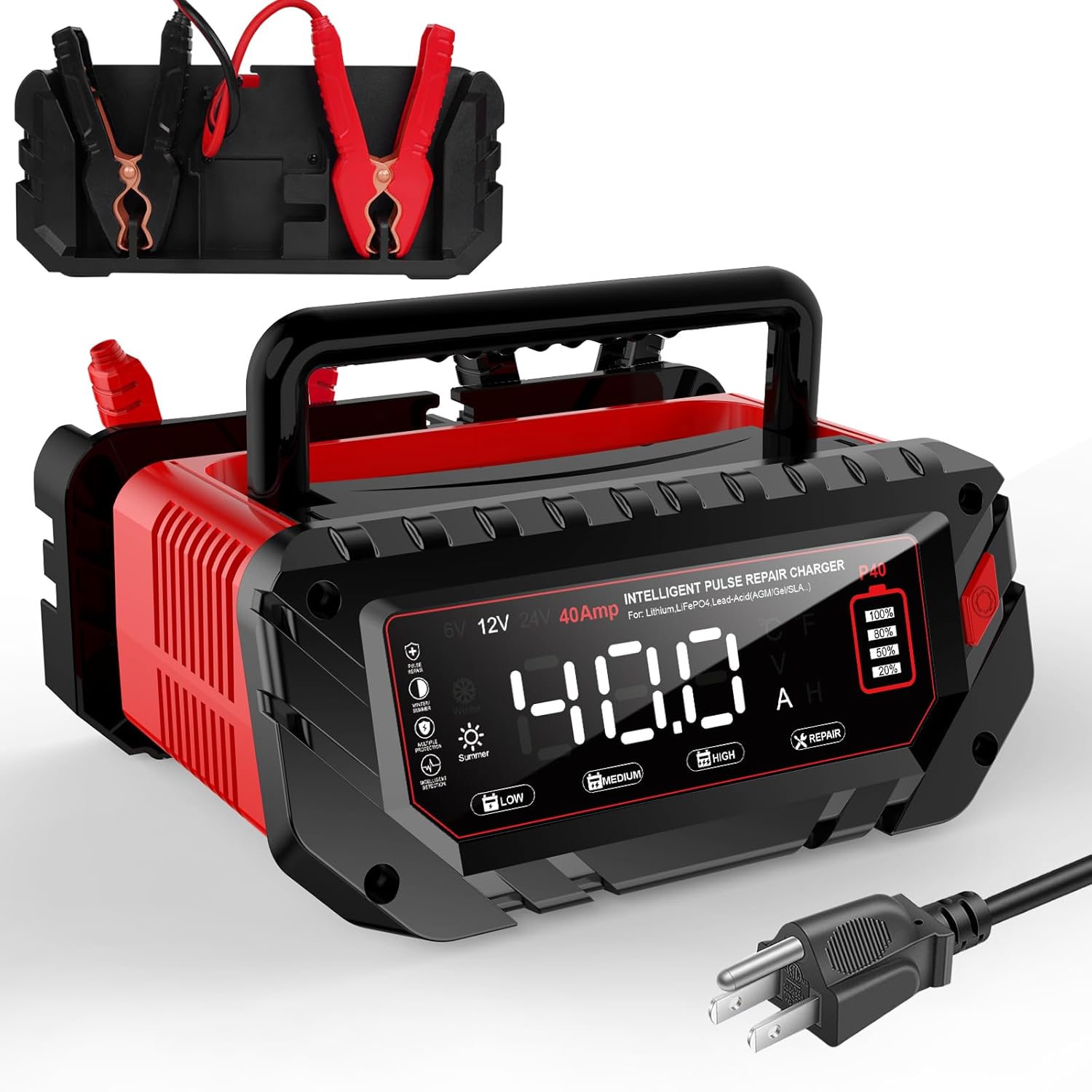 40Amp: 6/12/24V Smart Battery Charger – Automatic Maintainer, Trickle Charger & Desulfator with Overcharge Protection & Temperature Compensation – for Lead-Acid & Lithium & LiFePO4 Batteries