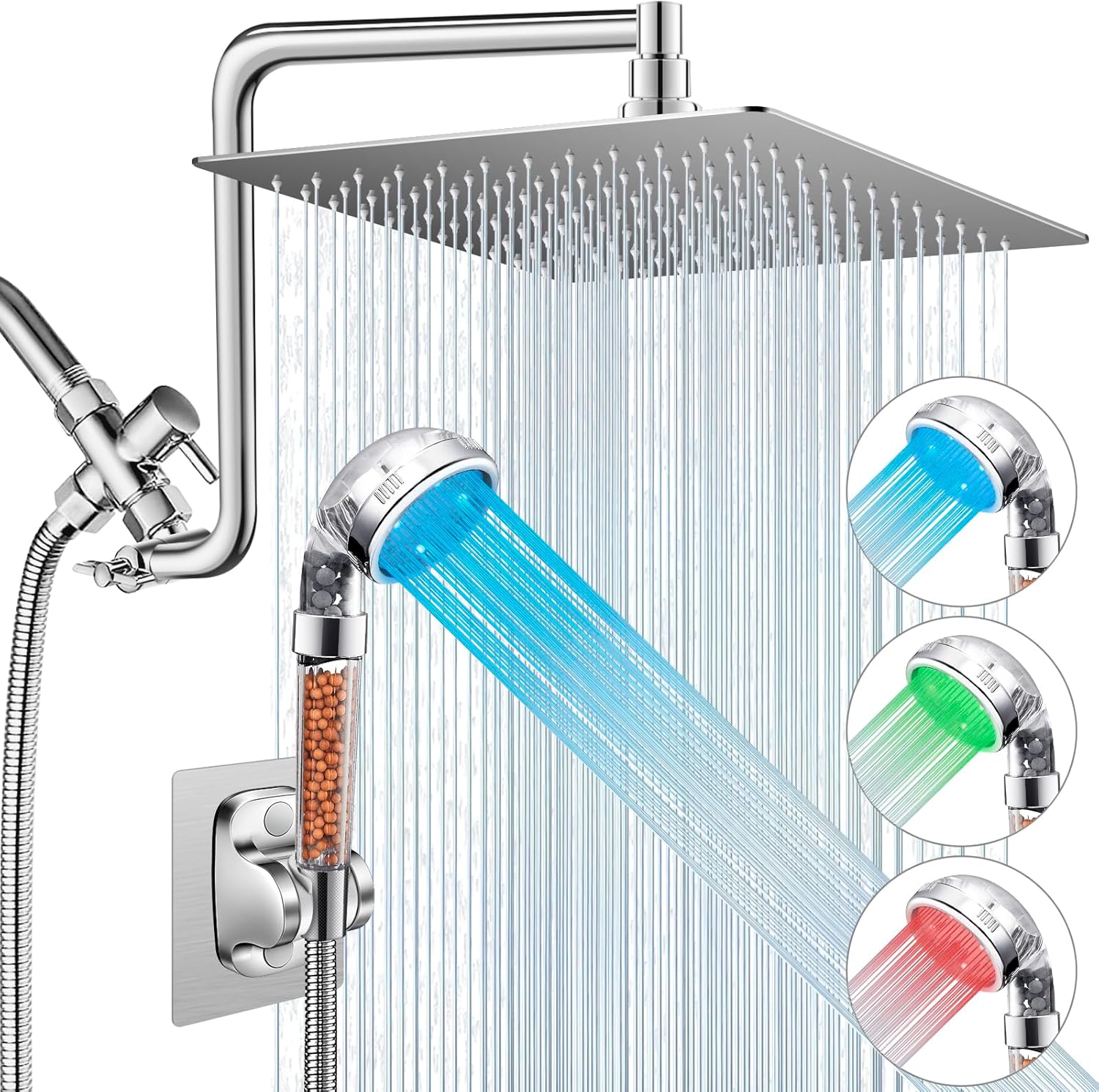 Filtered Shower Head with LED, 12'' Rain Shower Head with Upgraded 12'' Curved Adjustable Extension Arm, High Pressure Color Changing LED Handheld Shower Head with Filter Beads for Hard Water, Chrome